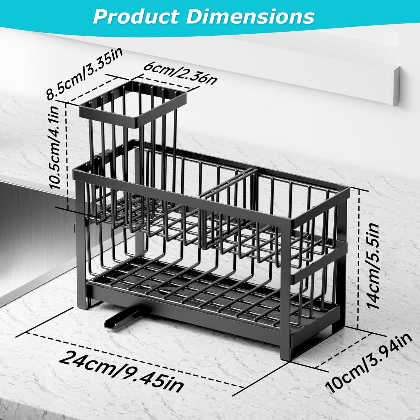 Sponge Holder for Kitchen Sink, 2 Tier Sink Caddy Organizer Countertop with Dish Brush Holder and 360° Drain Tray, Rustproof Stainless Steel Dish Soap Storage Rack Set for Accessories
