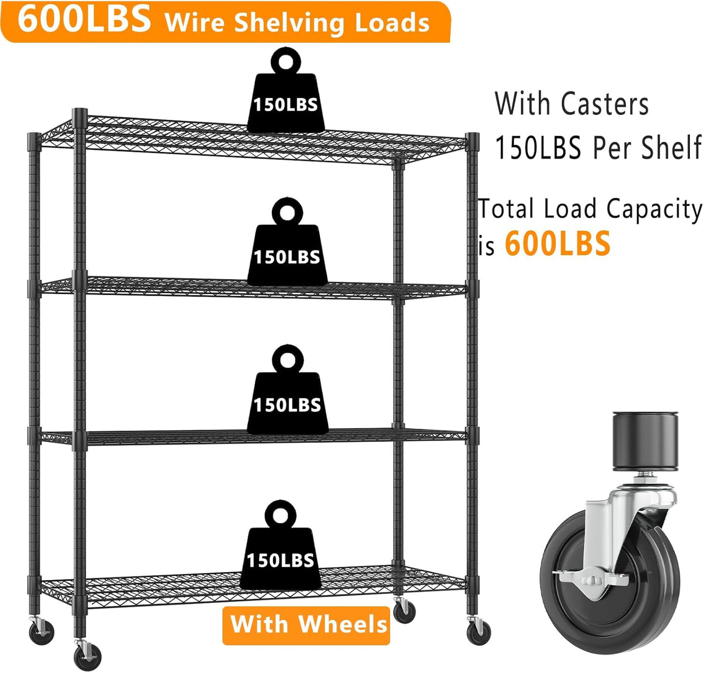 Himimi Storage Shelves 60" W Wire Shelving with Wheels 2600LBS Heavy Duty Metal Shelves for Storage, 4-Tier Adjustable Wire Rack Shelving Garage Shelving Kitchen Storage Shelves 24" Dx60 Wx72H, Black