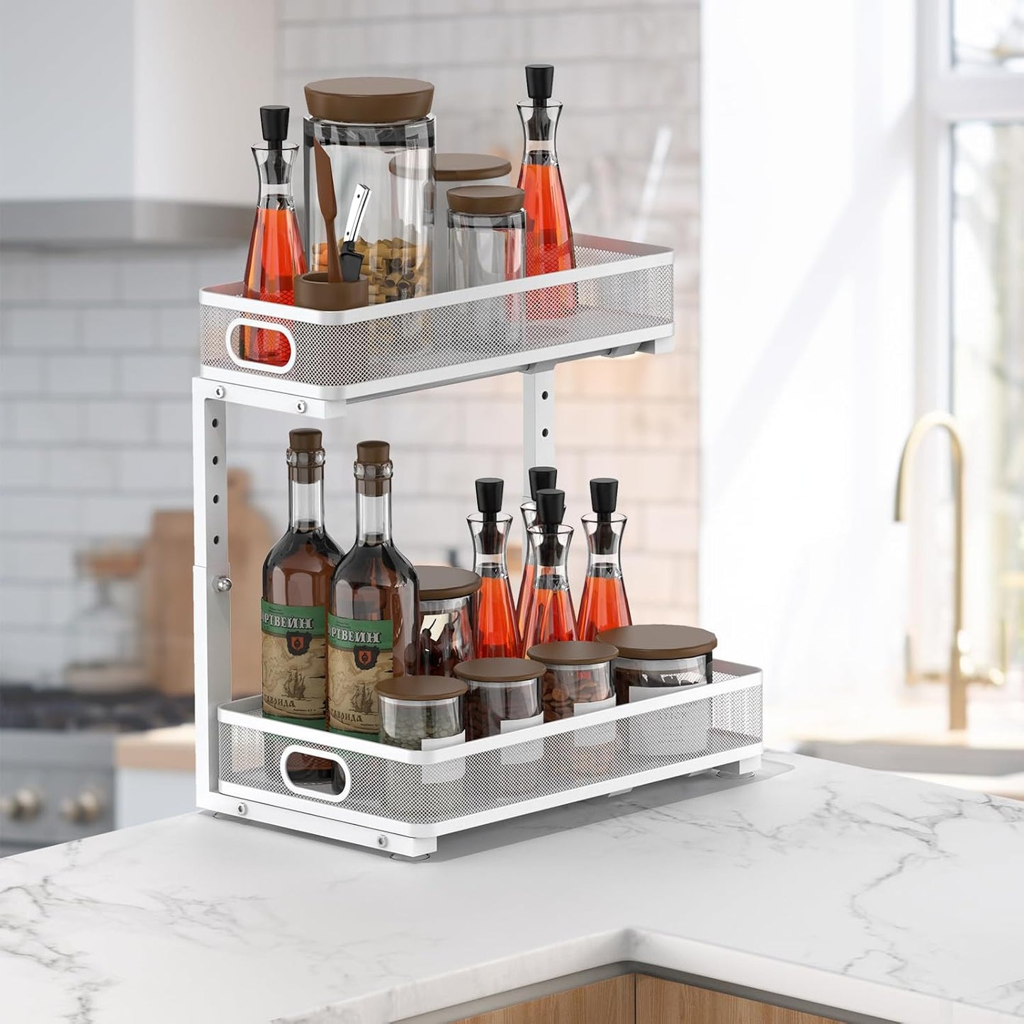 Under Sink Organizer, High Adjustable 2 Tier Under Sink Organizers and Storage, Slide Out Metal Cabinet Organizers, Pull Out Storage Drawer Shelf for Kitchen Bathroom Cabinet, White, 2 Pack