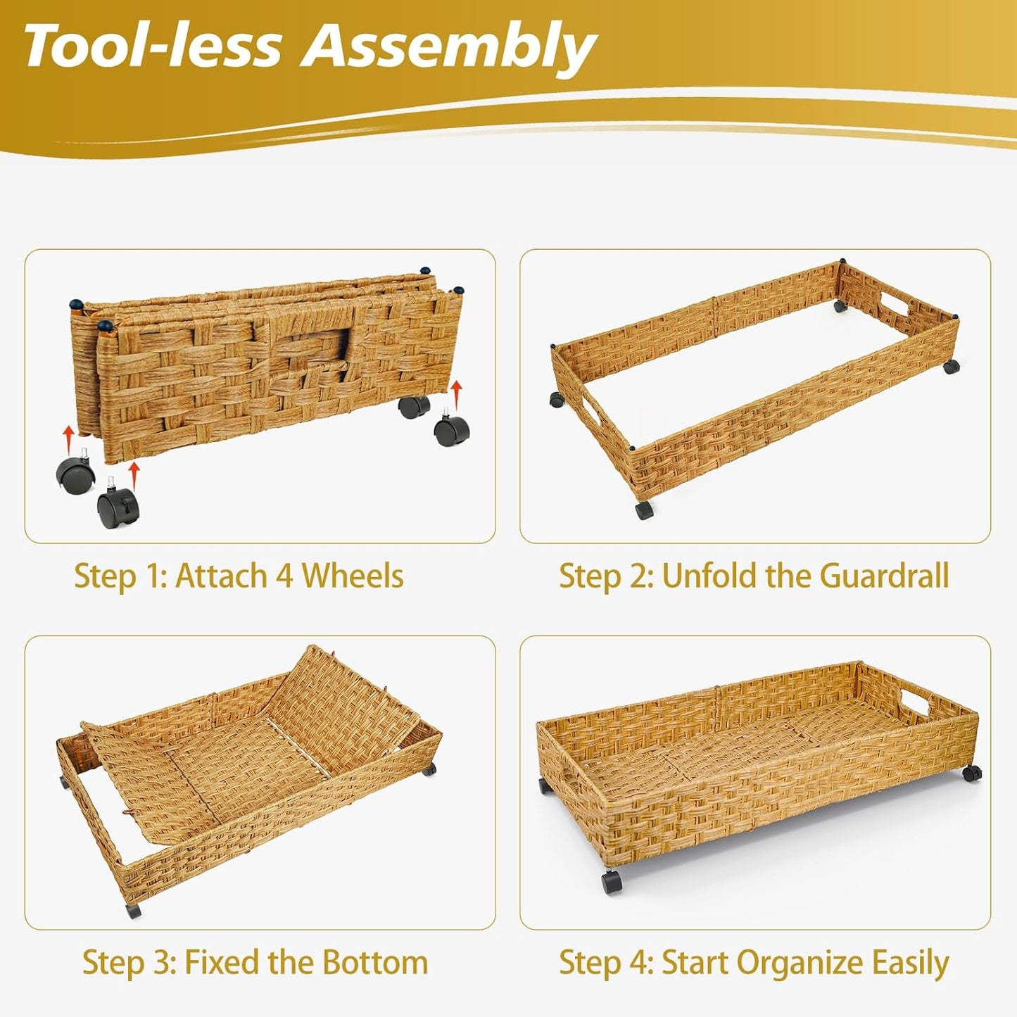 Under Bed Storage Containers with Wheels, 2 Pack 31.5in / 35L Handmade Rattan Underbed Organizer Drawer, Tool-free Assembly Rolling Under Bed Storage Bins for Shoes Clothes Toy Book