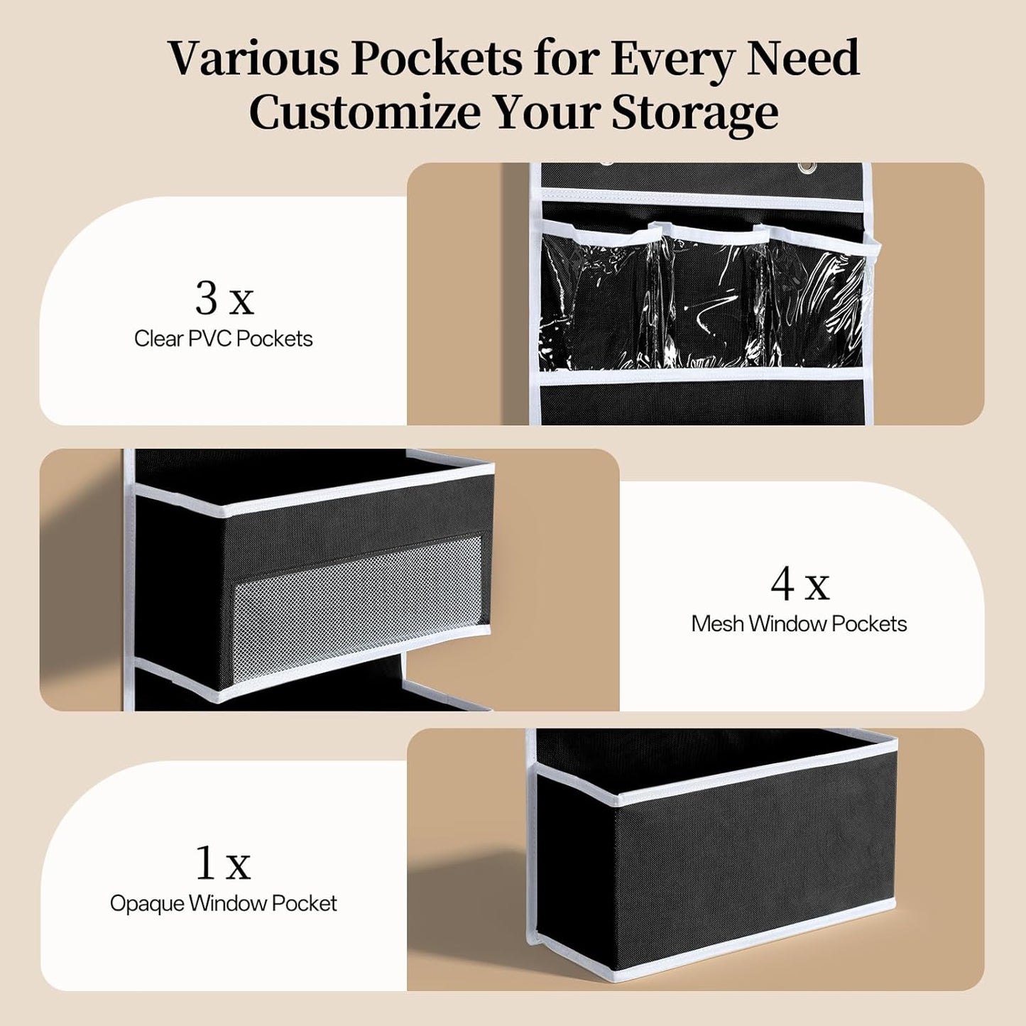 LAMU 6-Tier Over The Door Organizer, Swing - Proof Closet Door Organizer, Flexible 1 Split into 2 Over The Door Storage Organizer for Nursery, Bathroom, Bedroom, Black, 5 x 14 x 61in