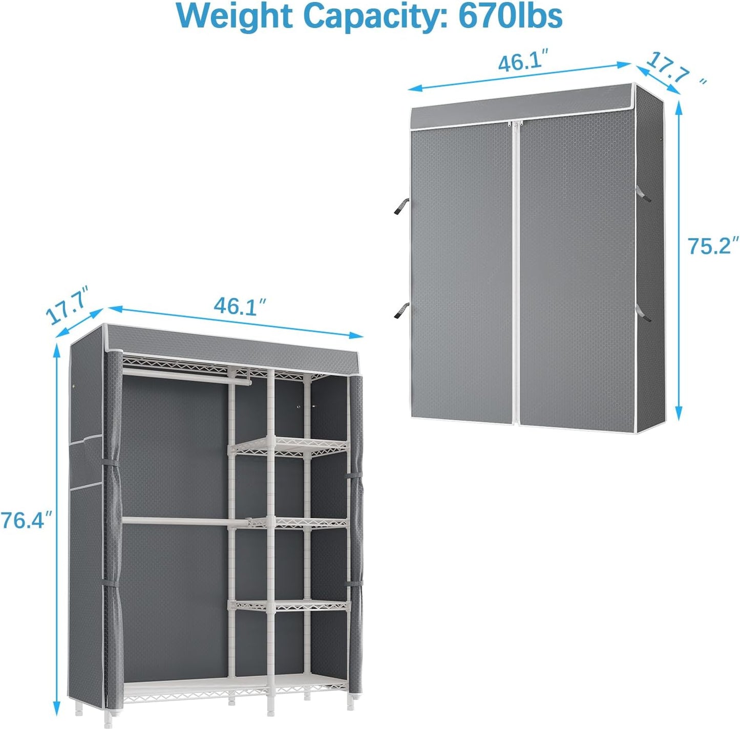 VIPEK V7C Garment Racks with Cover Portable Closets for Hanging Clothes, Heavy Duty Clothes Rack with Shelves Metal Closet Wardrobe, Max 670lbs, White Rack with Grey Upgraded Polyester Cover