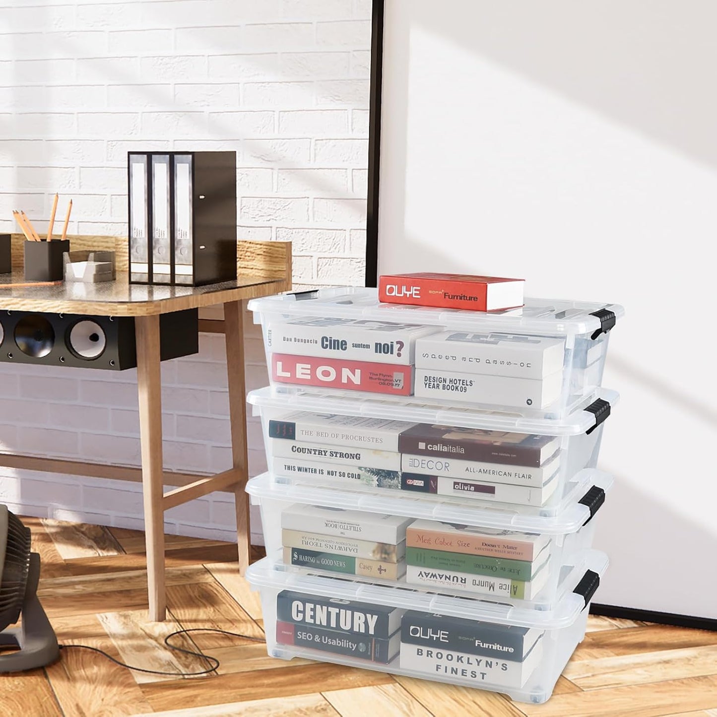 25 L Plastic Sturdy Rolling Under Bed Storage Container Bins, Clear Underbed Storage with Latching Lid and Wheels, 4 Packs