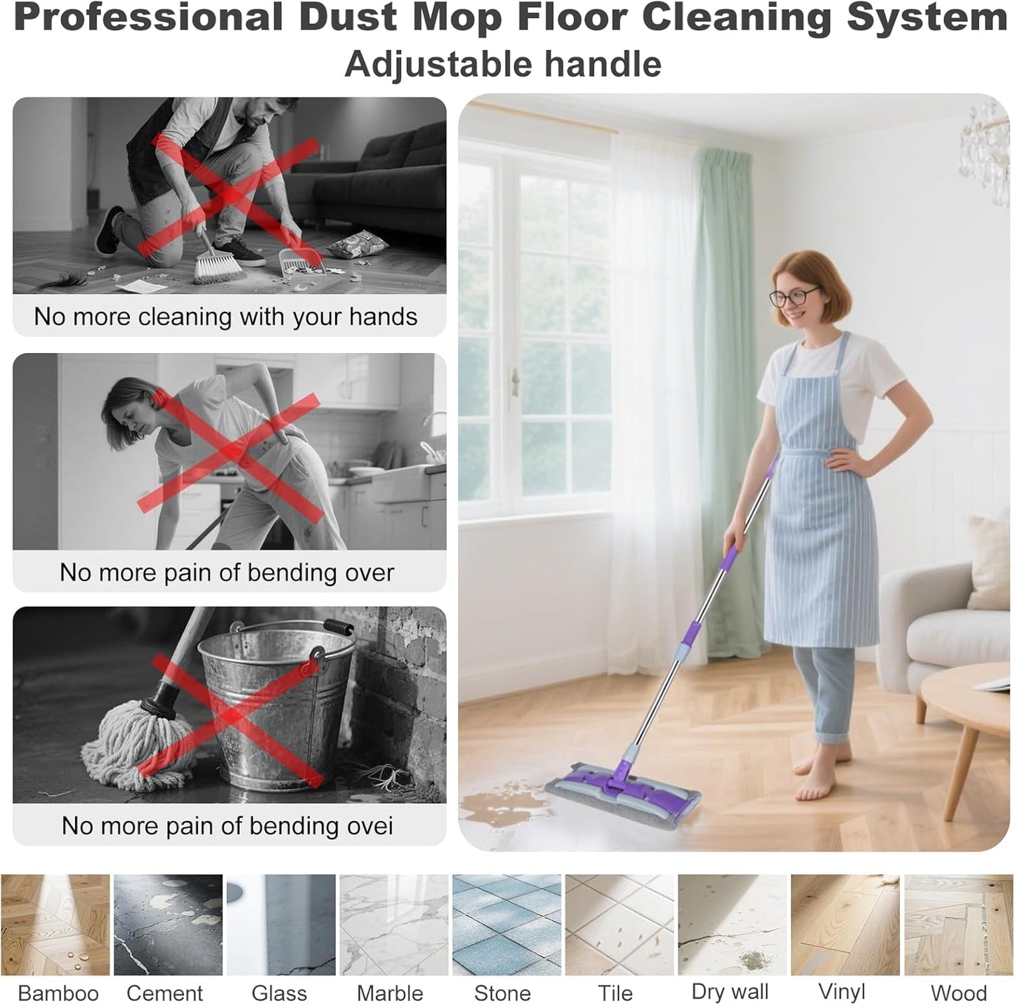 ITTAHO Microfiber Flat Mop Floor Cleaning System,Wet & Dry Dust Mopping with Stainless Steel Telescopic Handle,4 Reusable Mop Pads , Mops for Home,Laminate,Tile,Hardwoods Cleaning (Purple)