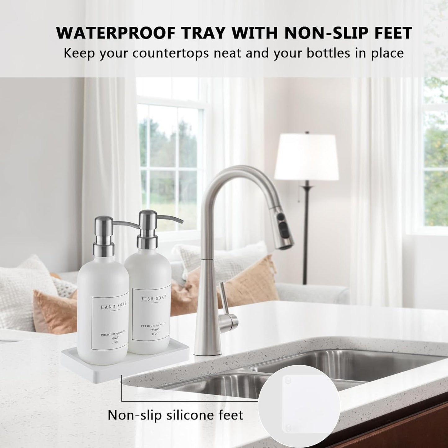 Thick Glass Soap Dispenser - Kitchen Dish Hand Soap Dispenser Set, Rustproof Pump Soap Lotion Dispenser Bathroom with Tray,14 Stickers for Kitchen Decor White Bottle/Silver Pump