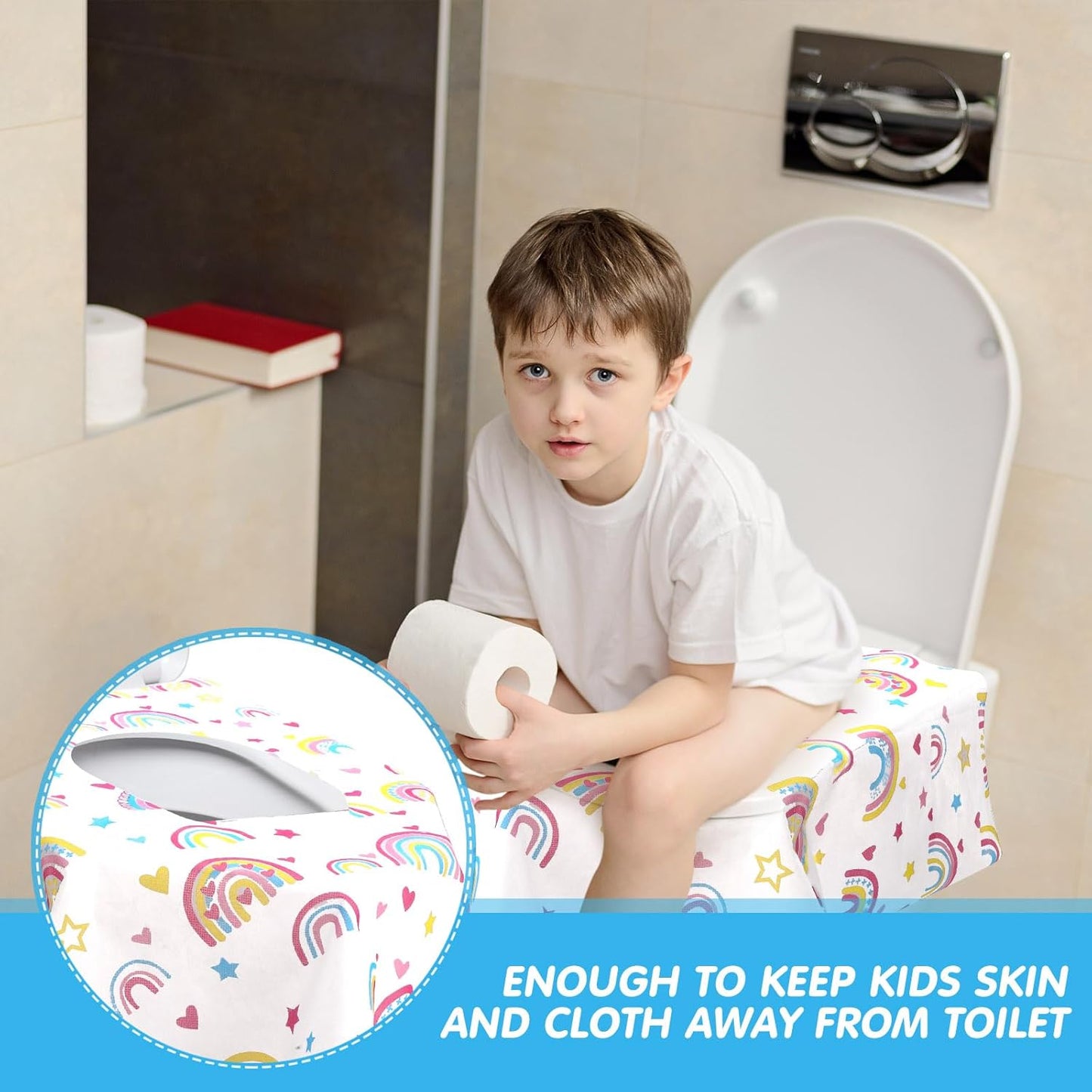 50 Packs Disposable Toilet Seat Covers Extra Large Individually Wrapped for Kids and Adults, Portable Non Slip Waterproof Potty Seat Covers for Toddlers Potty Training, Travel (Rainbow)