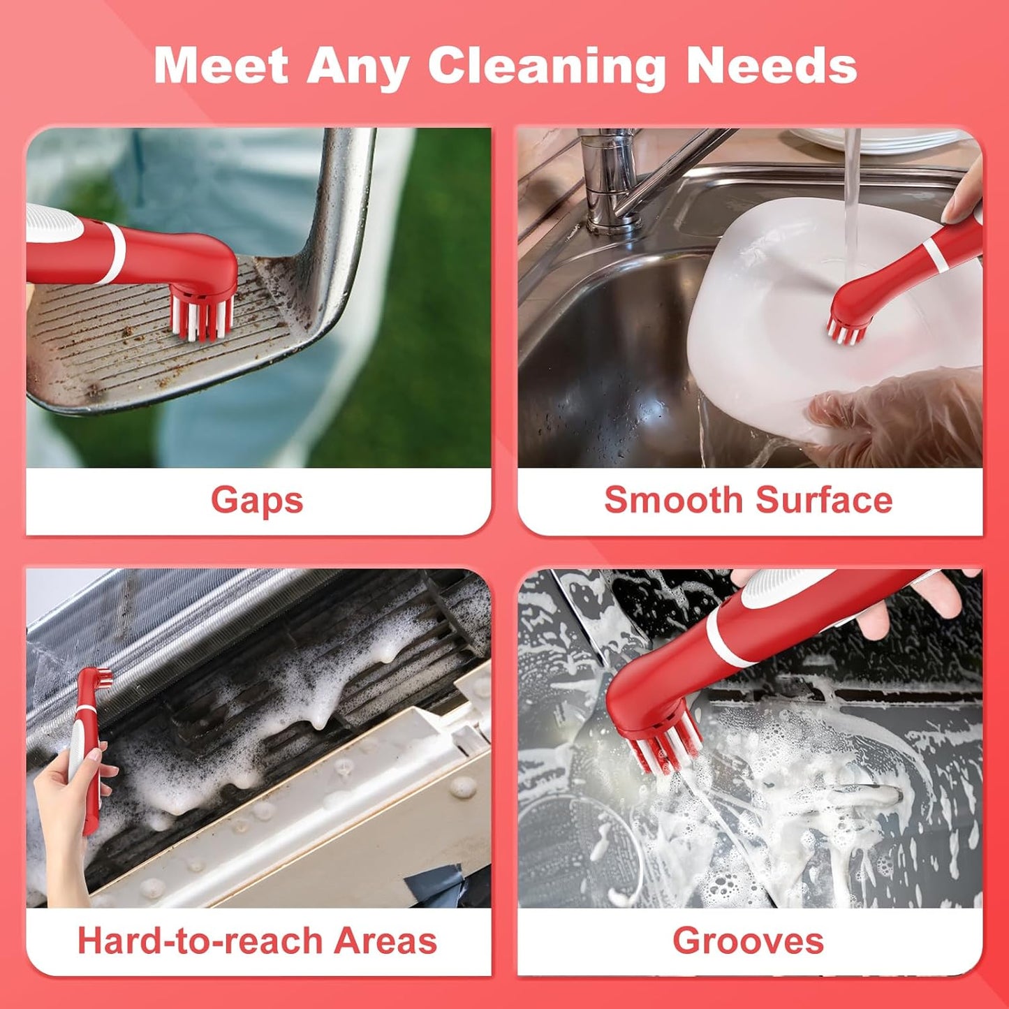 Rechargeable Electric Cleaning Brush with 4 in 1 Multiple Brush Heads and USB Cable, Indoor Household Cordless Motorized Brush for Bathroom Toilet Kitchen Tile Crevice (White & Red)