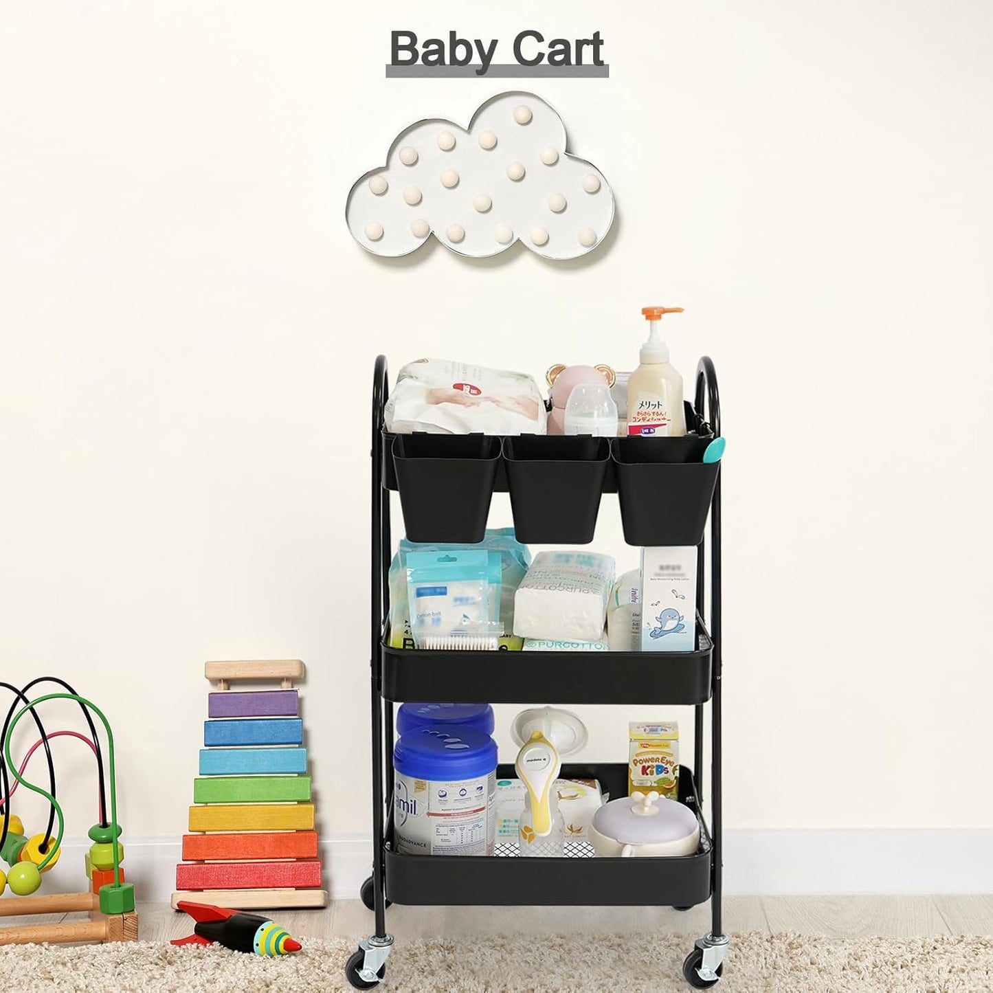 danpinera 3-Tier Rolling Cart, Metal Rolling Storage Cart with Lockable Wheels & Hanging Cups & Hooks, Mobile Trolley Cart for Kitchen, Bathroom, Office, Workshop, Black