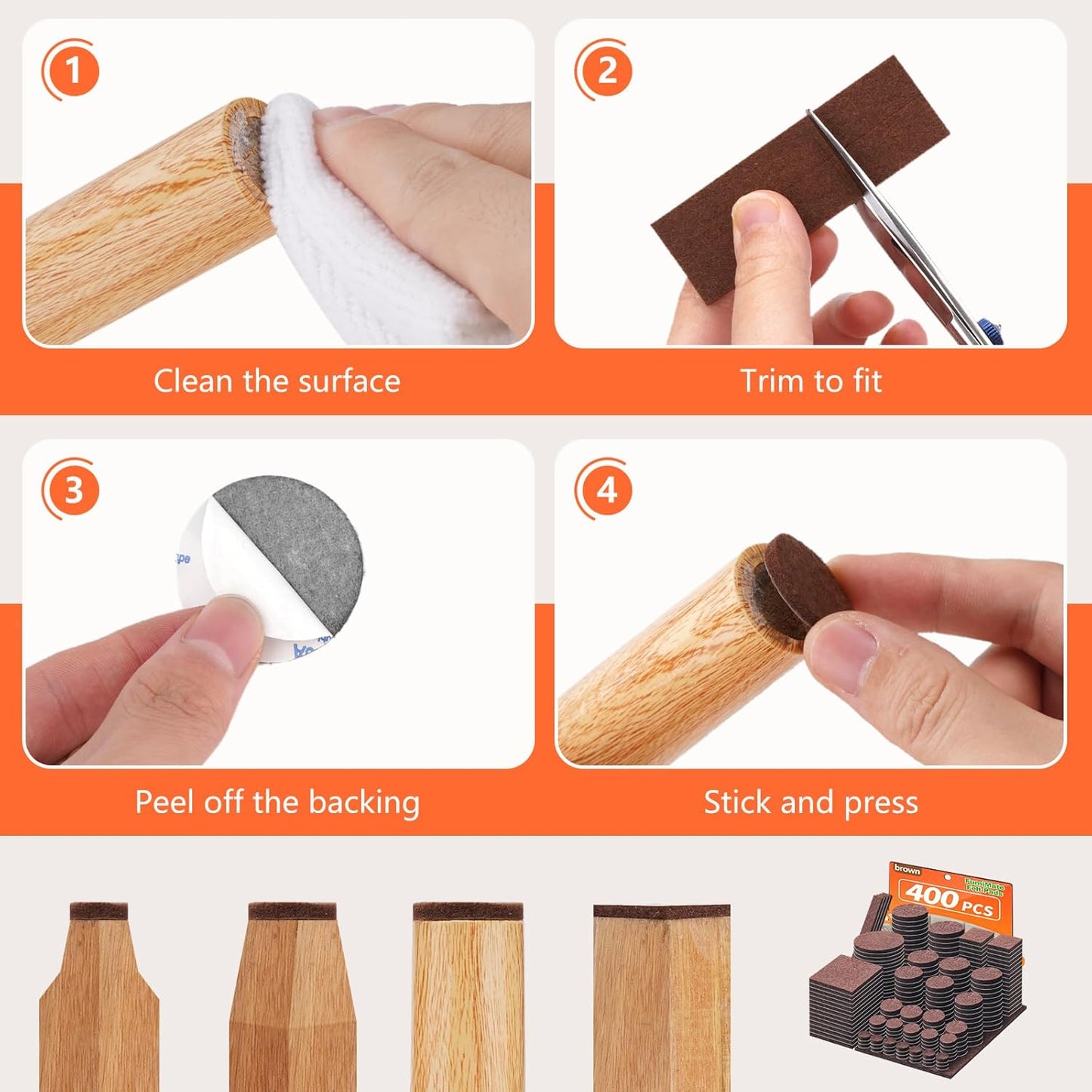 Felt Furniture Pads 400 Pieces, Furniture Pads for Hardwood Floors, Floor Protectors for Furniture Legs, Felt Pads for Furniture, Many Large Sizes Brown