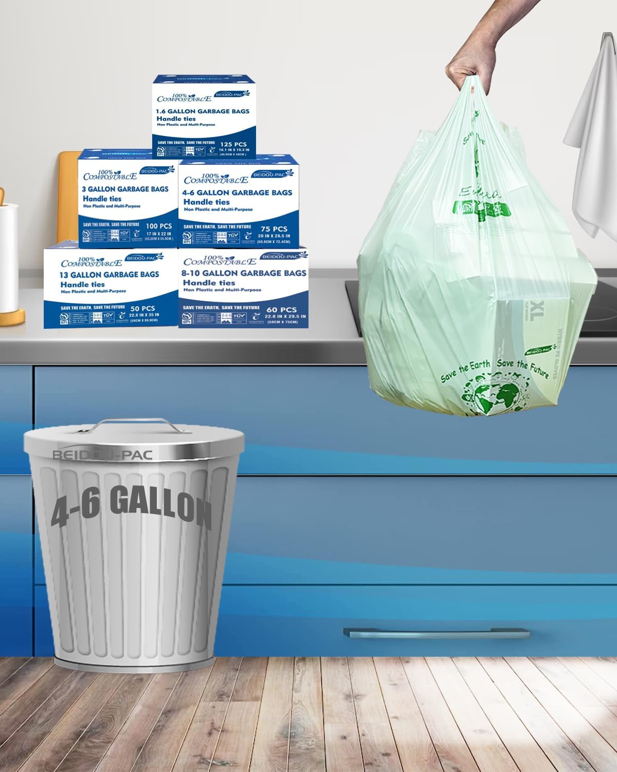 4-6 Gallon Compostable Trash Bags, 75 Count, Kitchen Compost Bags With Handle, Sturdy Biodegradable Garbage for Food Scrap Waste, ASTM D6400, US BPI Certified