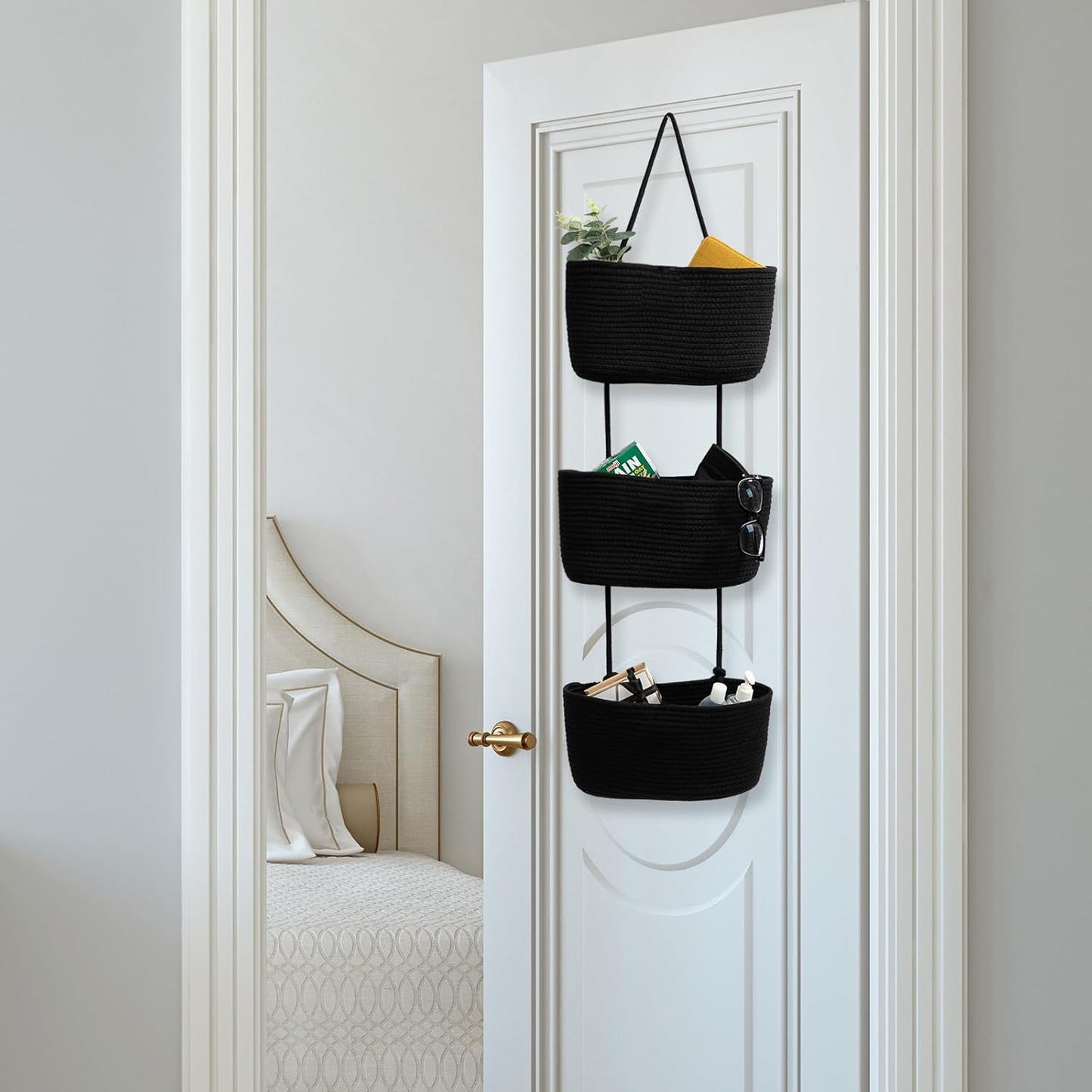 TeoKJ Over the Door Organizer, 3-Tier Woven Cotton Hanging Kitchen Baskets Storage Organizer Bag with Hooks Wall-Mounted Decorative Rope Baskets - Black