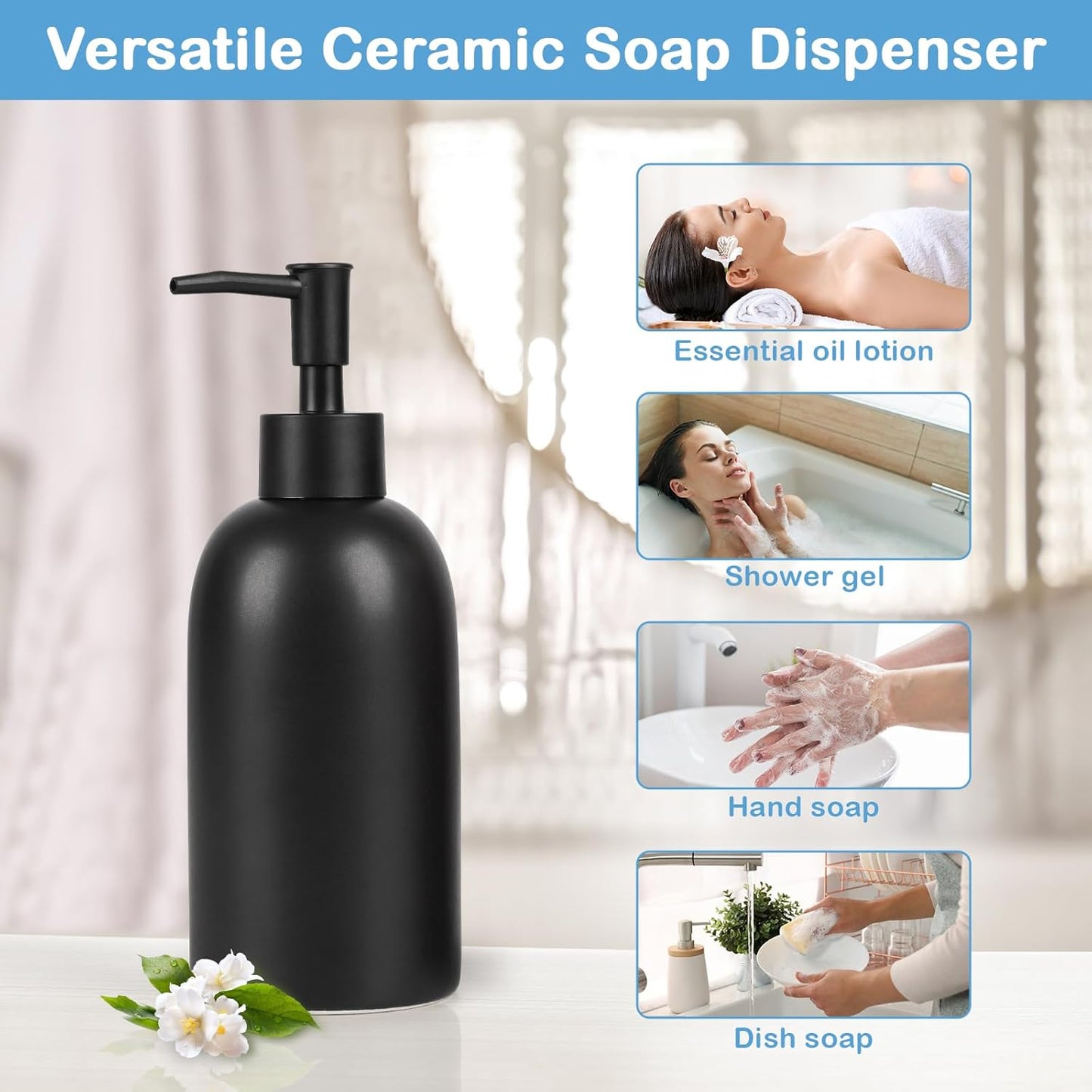Natheeph 14OZ Ceramic Soap Dispenser Ceramic Soap Pump Dispenser Can Fill Liquid for Bathroom/Kitchen (Black)