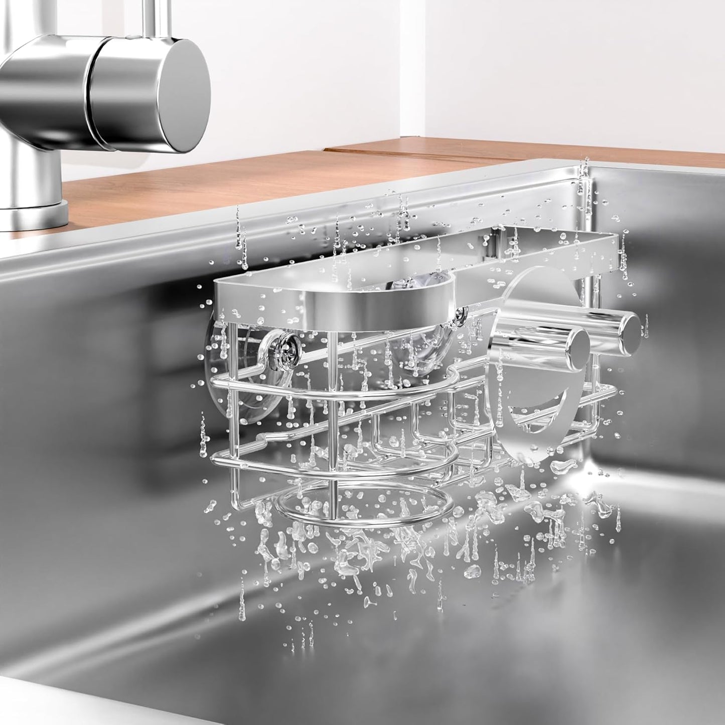 Cisily Smiley Sponge Holder for Kitchen Sink Caddy, Stainless Steel Movable Brush Holder Dish Cloth Hanger, Suction Cup Sink Caddy Organizer Scrubber Accessories (Silver)