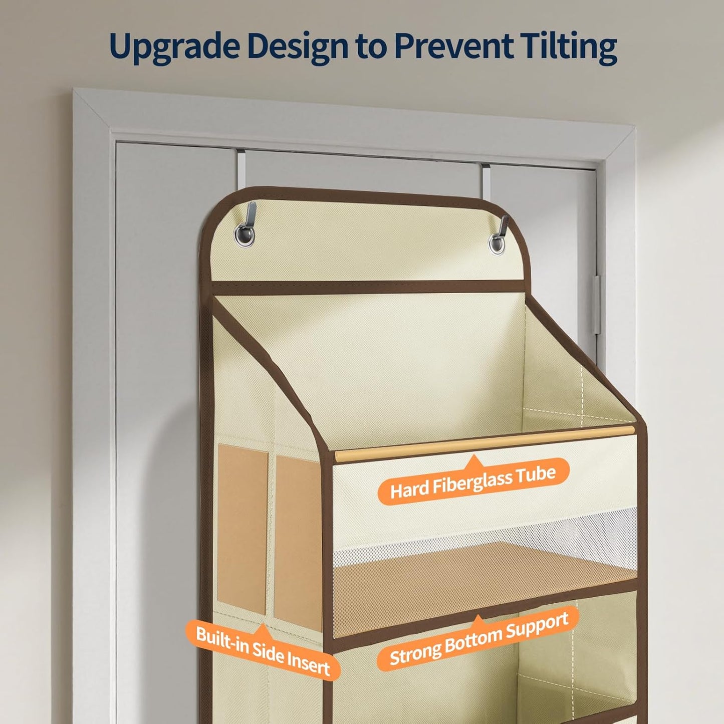 Yecaye Over The Door Organizer Storage, 5-Tier Heavy Duty Door Organizers Hanging with 10 Side Mesh Pockets, 44 lbs Load Capacity Behind Door Storage for Bathroom Nursery Bedroom Dorm Closet, Beige