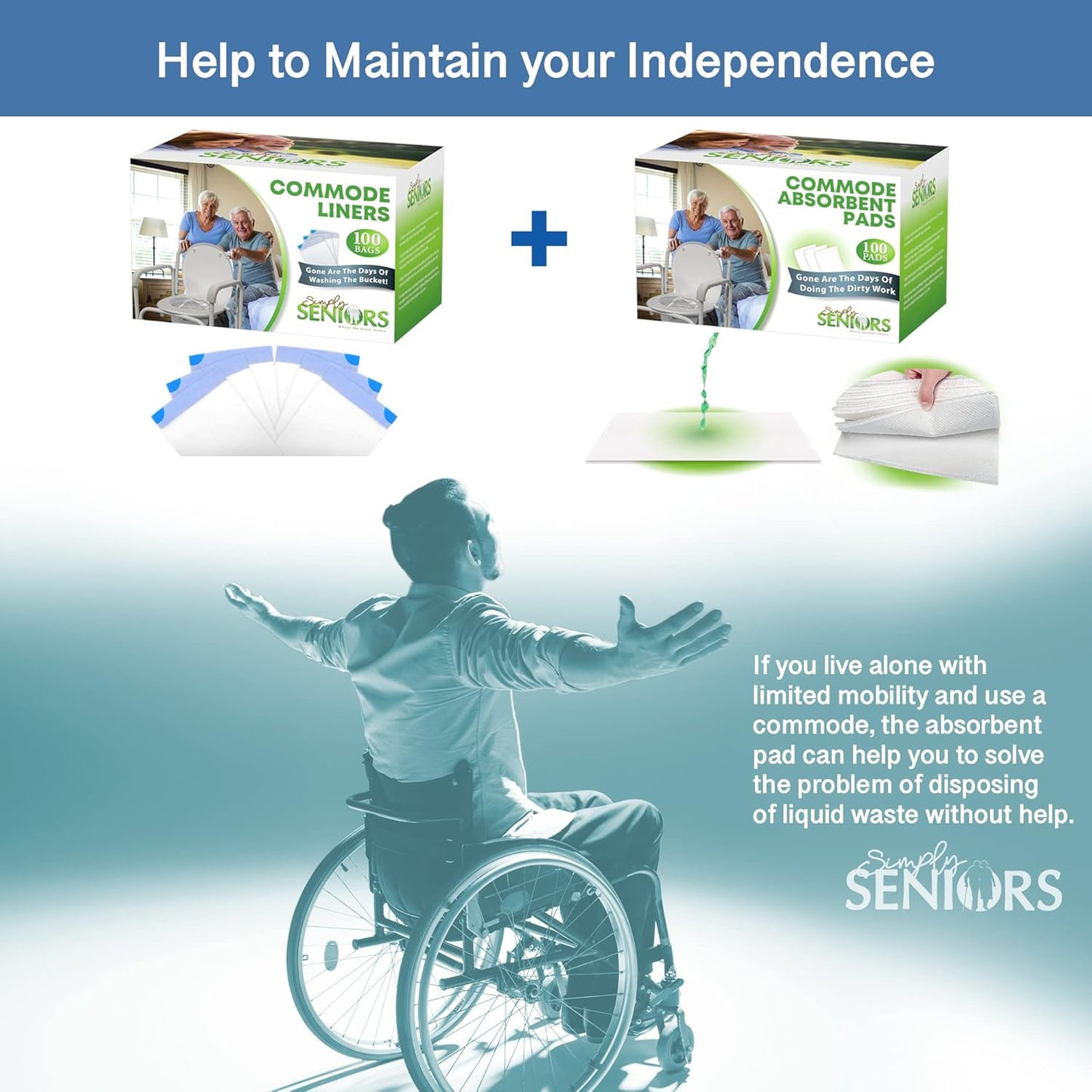 Commode Absorbent Pads for Bedside Commode Liners - 100 Pads for Portable Toilet Bags- No More Days Doing The Dirty Work - For Bedside Toilet Liners, Potty Bags for Portable Toilet, Potty Chair Liners