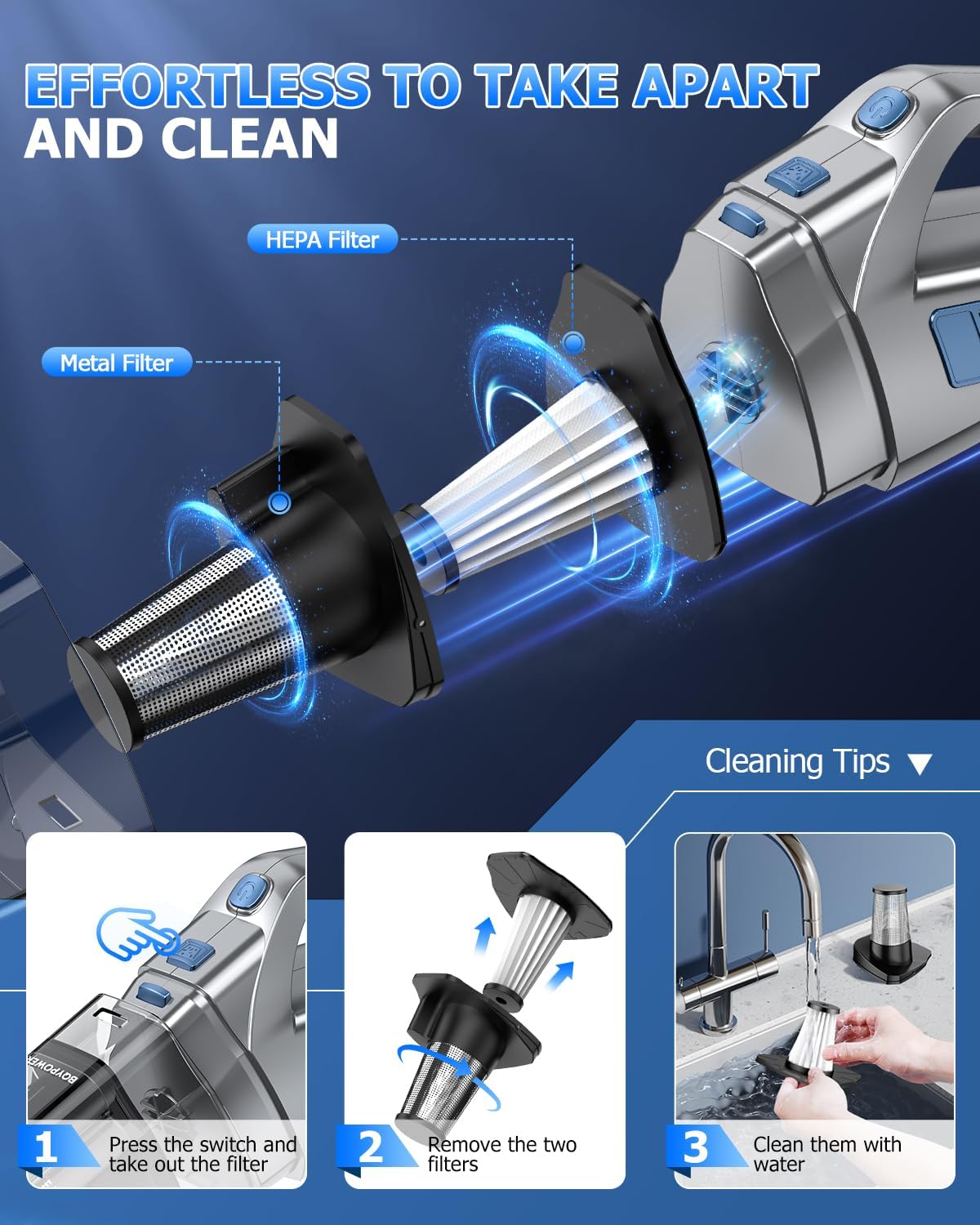 BQYPOWER Handheld Vacuum Cordless, 16000PA Strong Suction Hand Held Vacuum Dust Busters Cordless Rechargeable with Multiple Accessories, Portable Car Vacuum Cleaner High Power for Car Home Office