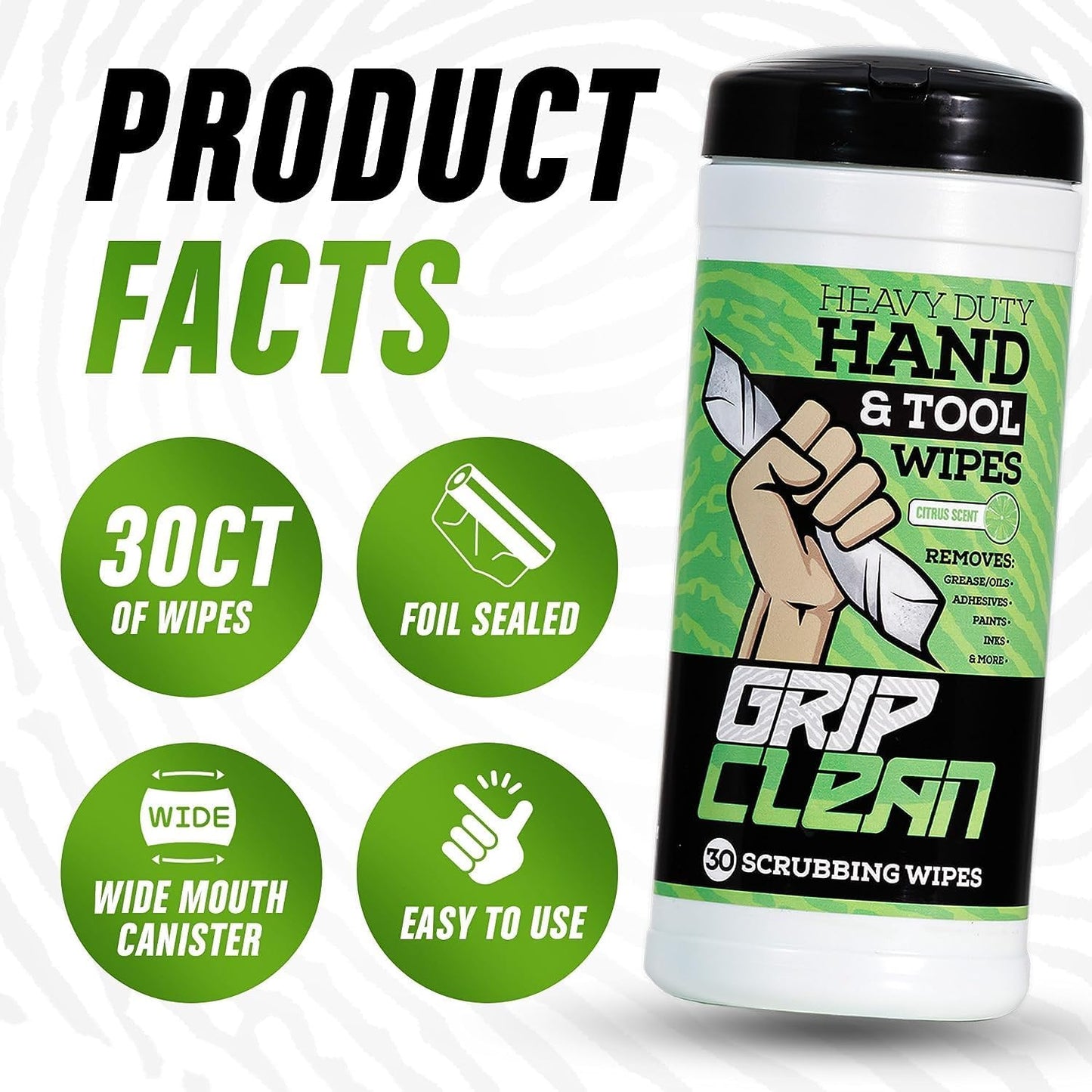 Grip Clean Heavy Duty Hand & Tool Cleaning Wipes β Waterless Hand Cleaner for Mechanics, Garage & Shop Use β Dual-Sided Grease, Oil & Paint Remover Wipes with Citrus Scent - 30ct