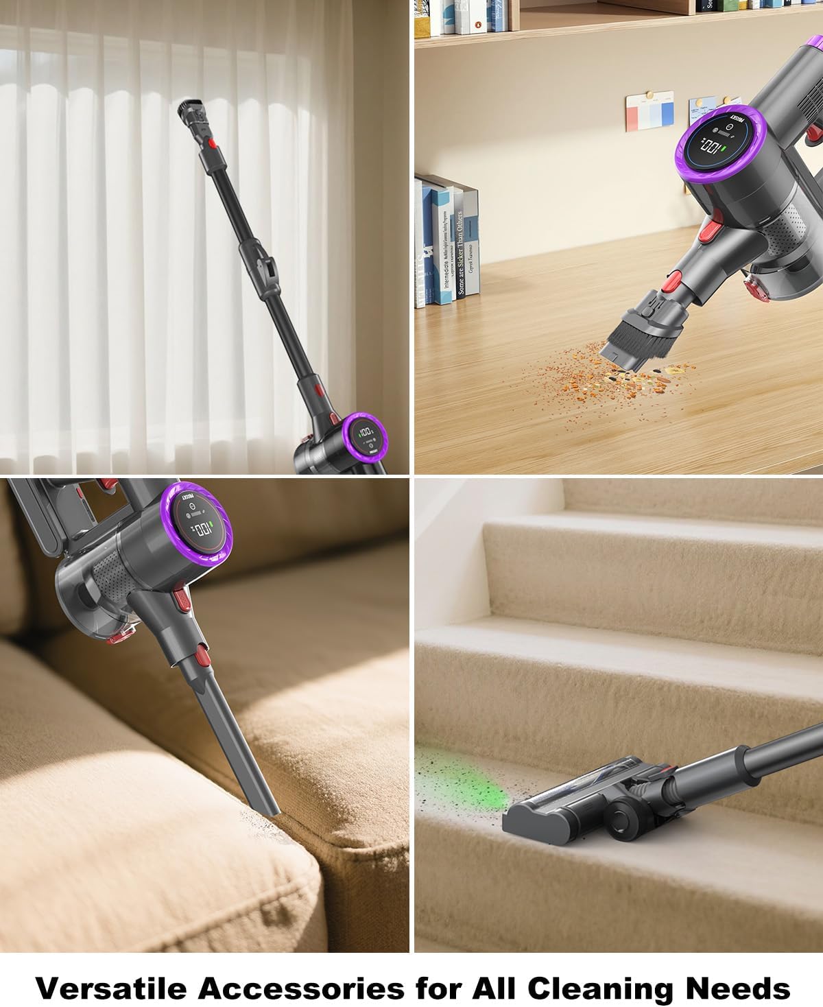 Cordless Vacuum Cleaner Bendable 6-in-1 Stick Vacuum โ Lightweight with 45mins Runtime, LED Display & Headlight, Rechargeable for Carpet, Tile, Pet Hair & Hardwood Floors (Purple)