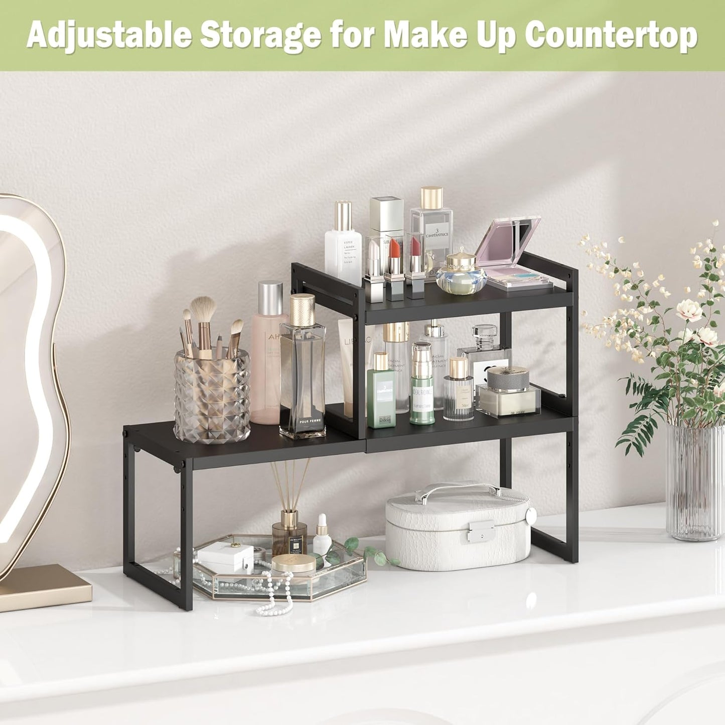 DOLALIKE Expandable kitchen Countertop Organizer, Stackable Cabinet Shelf Organizers, Space Saving Spice Rack Pantry Storage for Bathroom Office Organization (Black, 2 Pack)