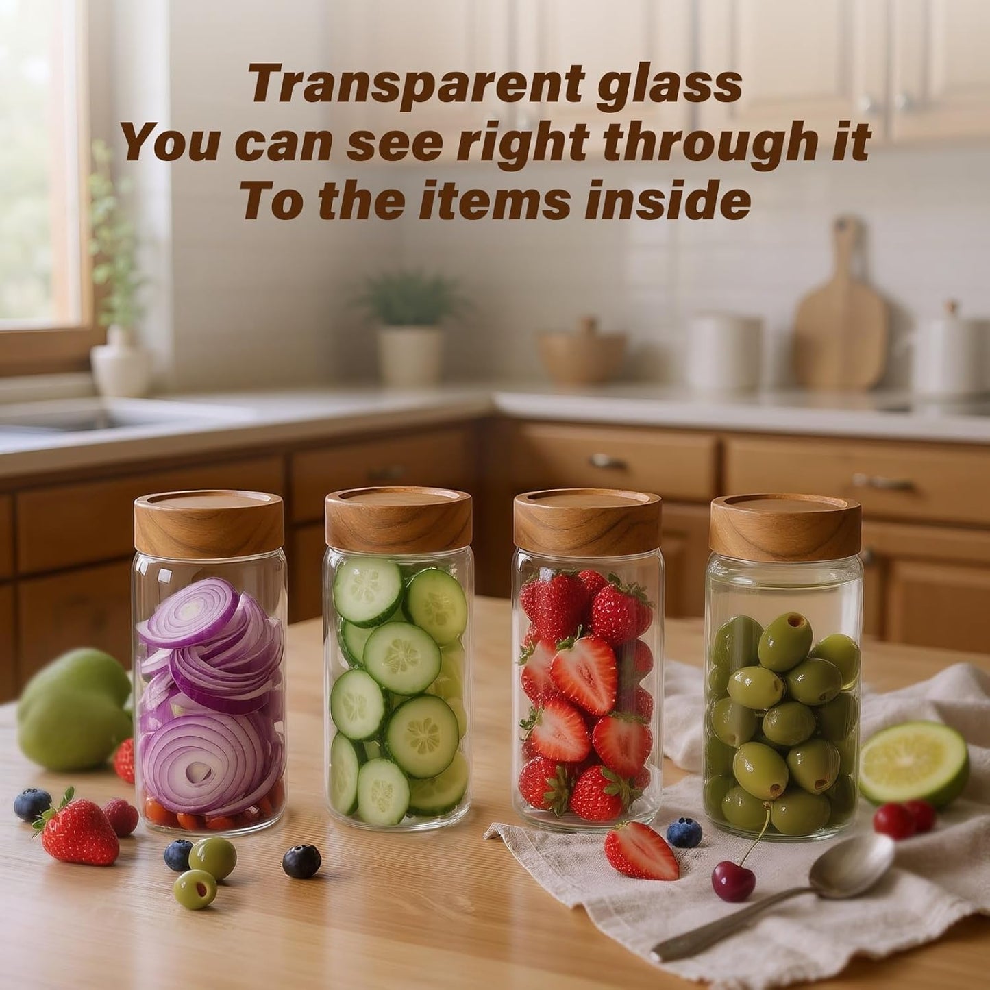 6 -Piece 13 oz Food-Grade Glass Mason Jars with Acacia Wood Lids, Sealable Waterproof, Transparent Easily Stackable for Overnight Oats, Spice Storage & Snack Organizing