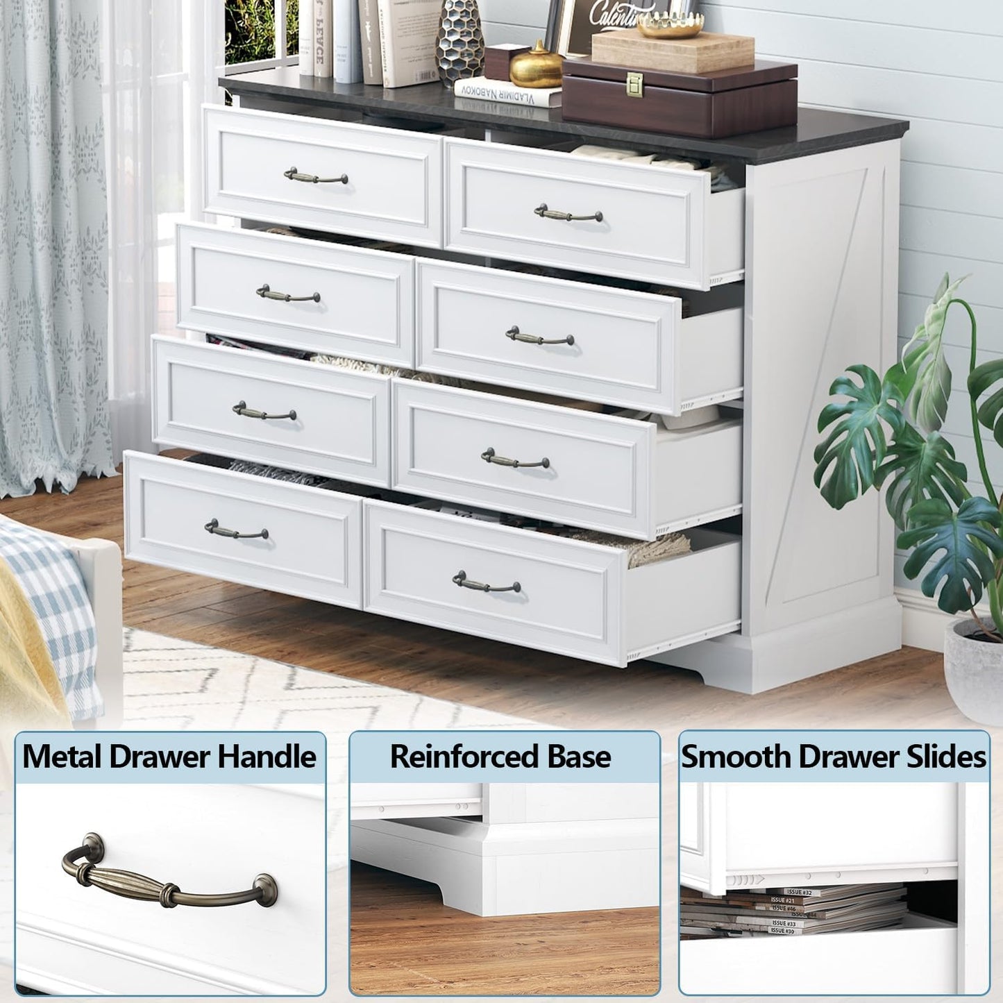 8 Drawer Dresser for Bedroom, 47" Wide Wooden Chest of Drawers, Rustic Farmhouse Dresser with Large Drawers & Metal Handles, Modern Storage Organizer for Closet, Living Room, Hallway, White