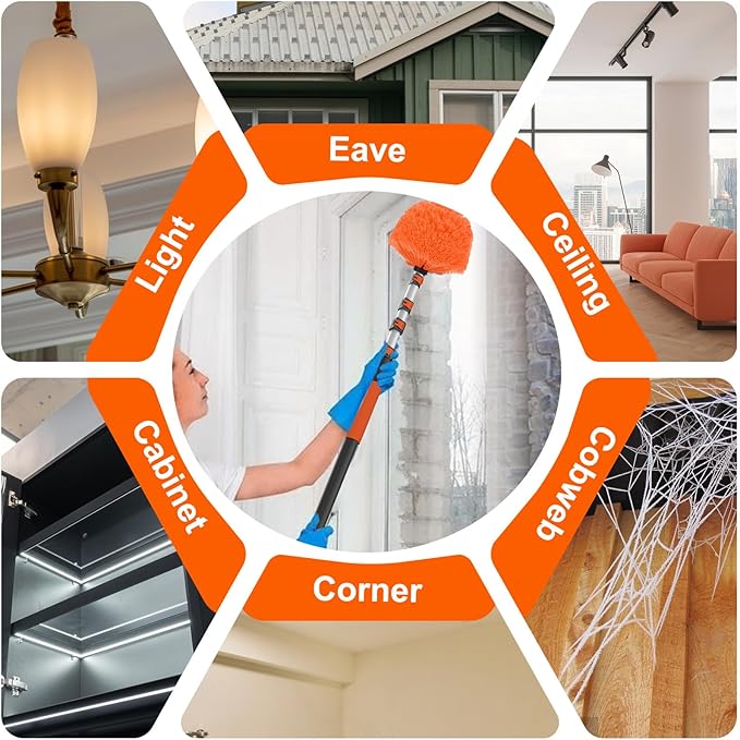 36FT Reach Cobweb Duster with Extension Pole, High Ceiling Long Duster with 7-30FT Telescoping Pole, Spider Web Brush for Indoor Outdoor Use