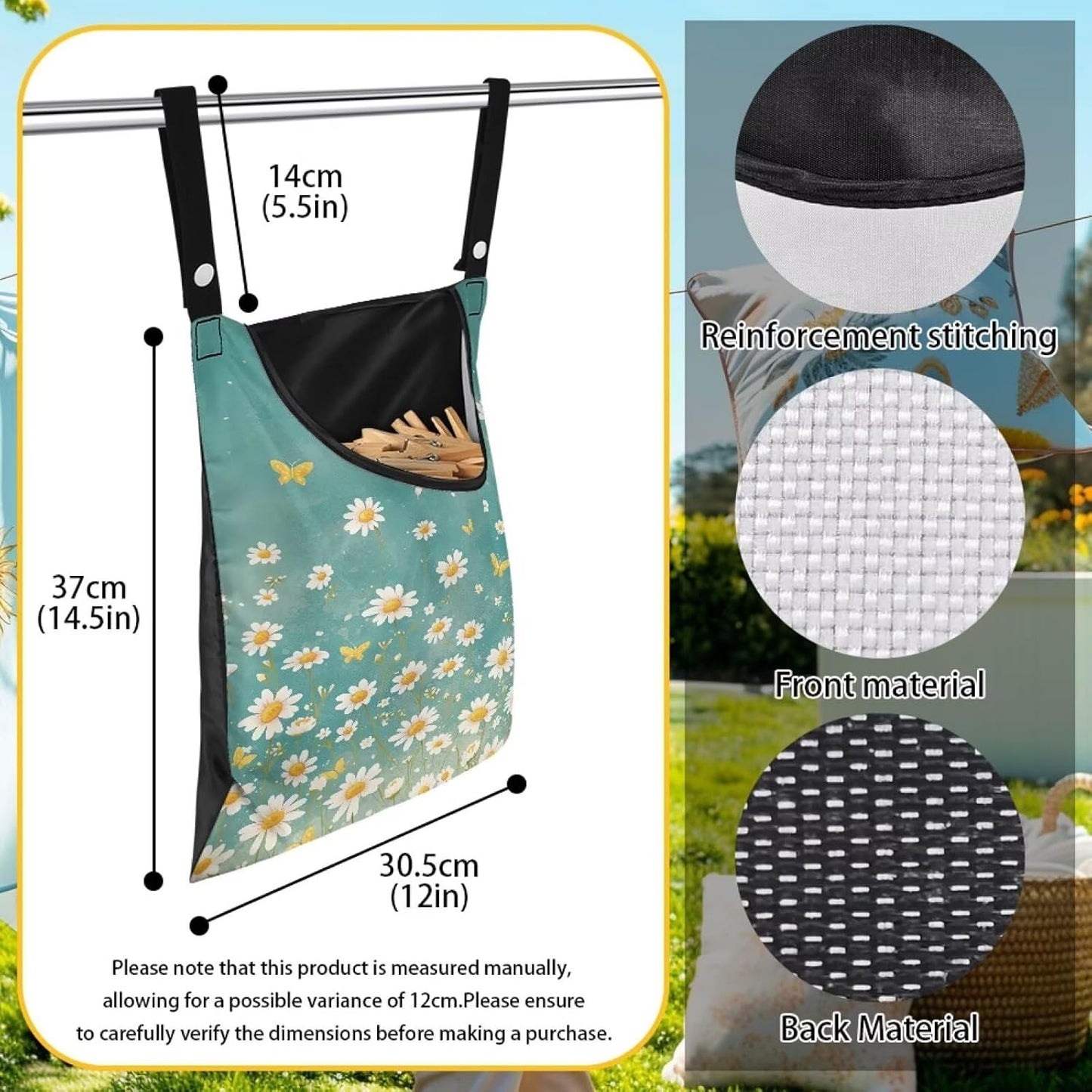 Clothespin Bag for Clothes Pin Holder for Outside and Clothes Line Pins, Clothes Pin Hanging Bag Fits Outdoor Laundry Clothesline - Daisy Pattern