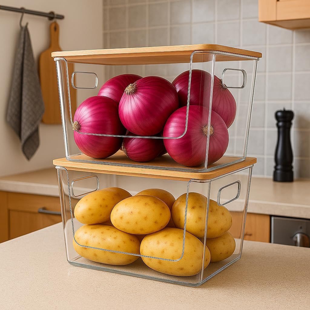 6 Pack Clear Stackable Storage Bins with Bamboo Lids, Plastic Storage Containers with Handle for Pantry, Bathroom, Kitchen, Closet, Cabinet, Fridge Organizer and Storage