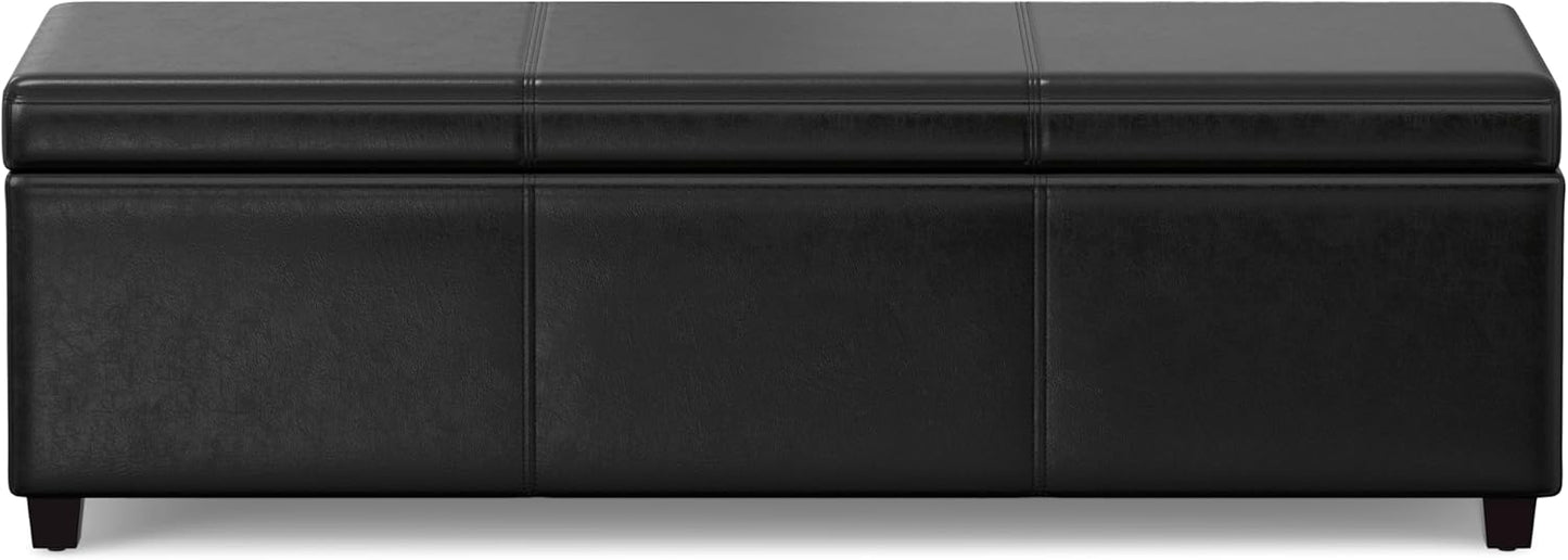 SIMPLIHOME Avalon 54 inch Wide Contemporary Rectangle Extra Large Storage Ottoman Bench in Midnight Black Vegan Faux Leather, Assembled, For the Living Room, Entryway and Family Room
