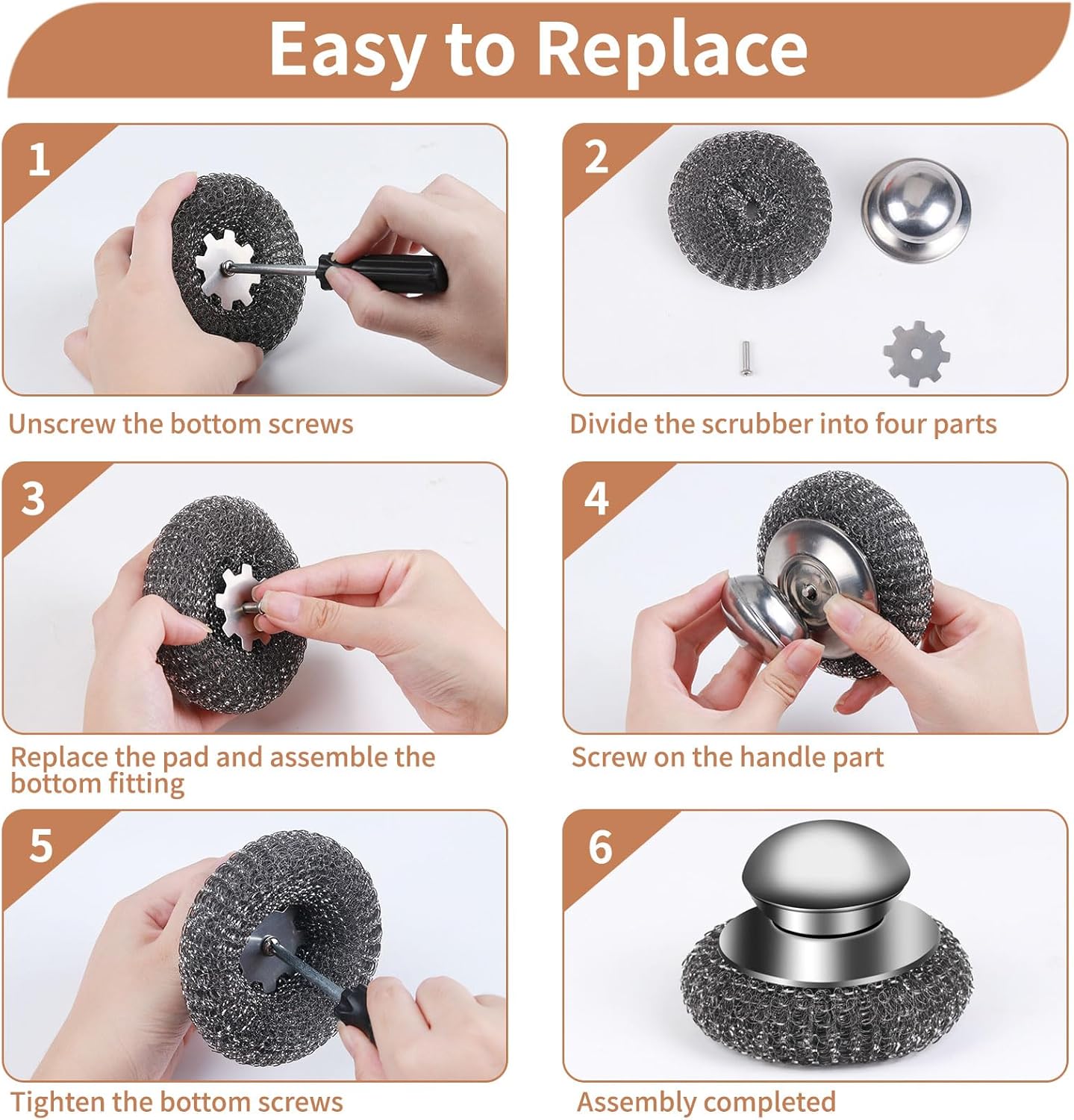 4pcs Steel Wool Scrubber with Replacement Wire Sponge Pads Set, Stainless Steel Scrubber with Handle for Scouring Stubborn Messes from Cast Iron, Pots, Pans, Grill, Stoves, Sink(2 Scrubber+2 Pads)