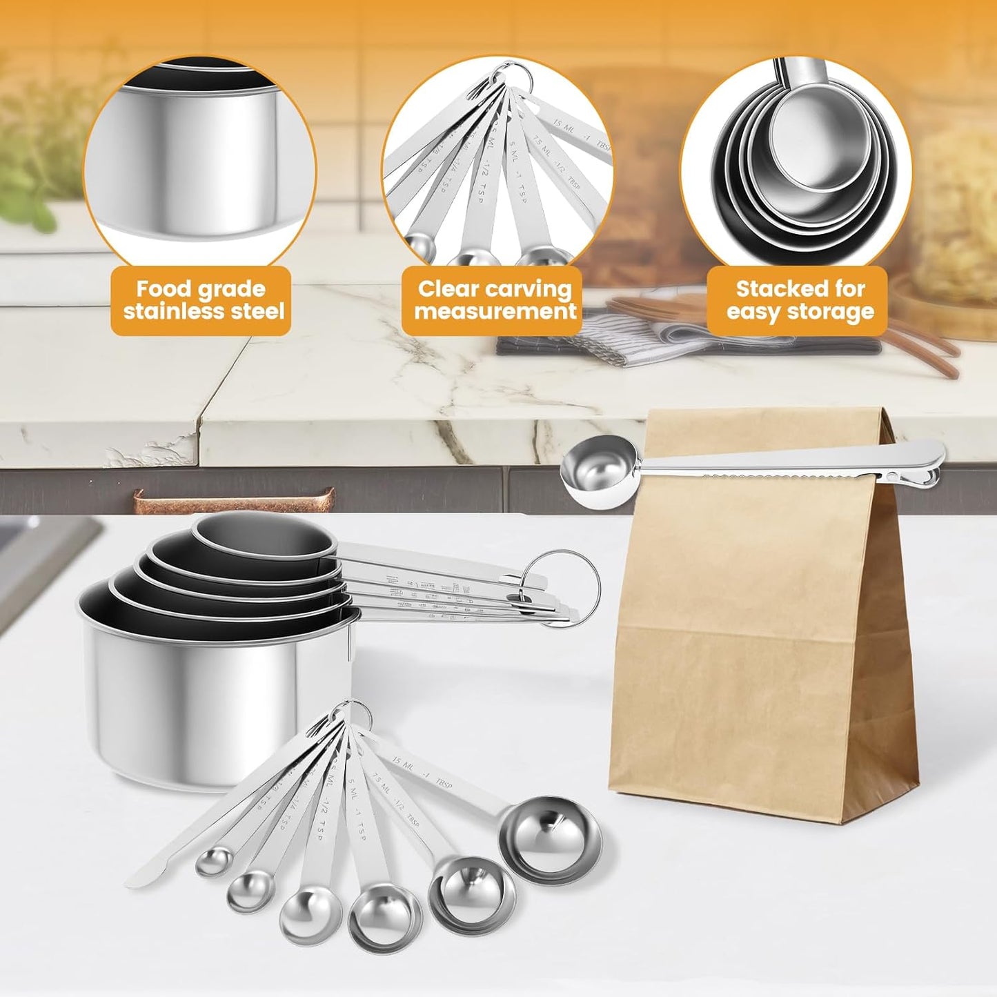 13PCS Measuring Cups and Spoons Set Stainless Steel Measuring Spoons and Cups Stackable Measuring Spoons Set for Dry or Liquid Ingredients