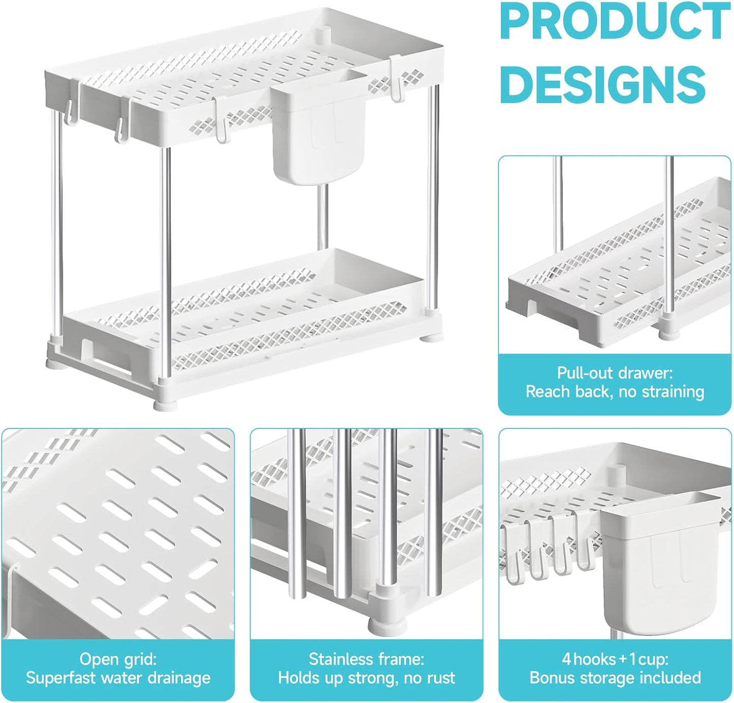 Under Sink Organizer, 2 Tier Pull Out Cabinet Organizer with Hooks Hanging Cup, Easy Installation & Rust-resistant, Multi-Purpose Storage Shelf for Kitchen Bathroom Pantry (White, 2 Pack)