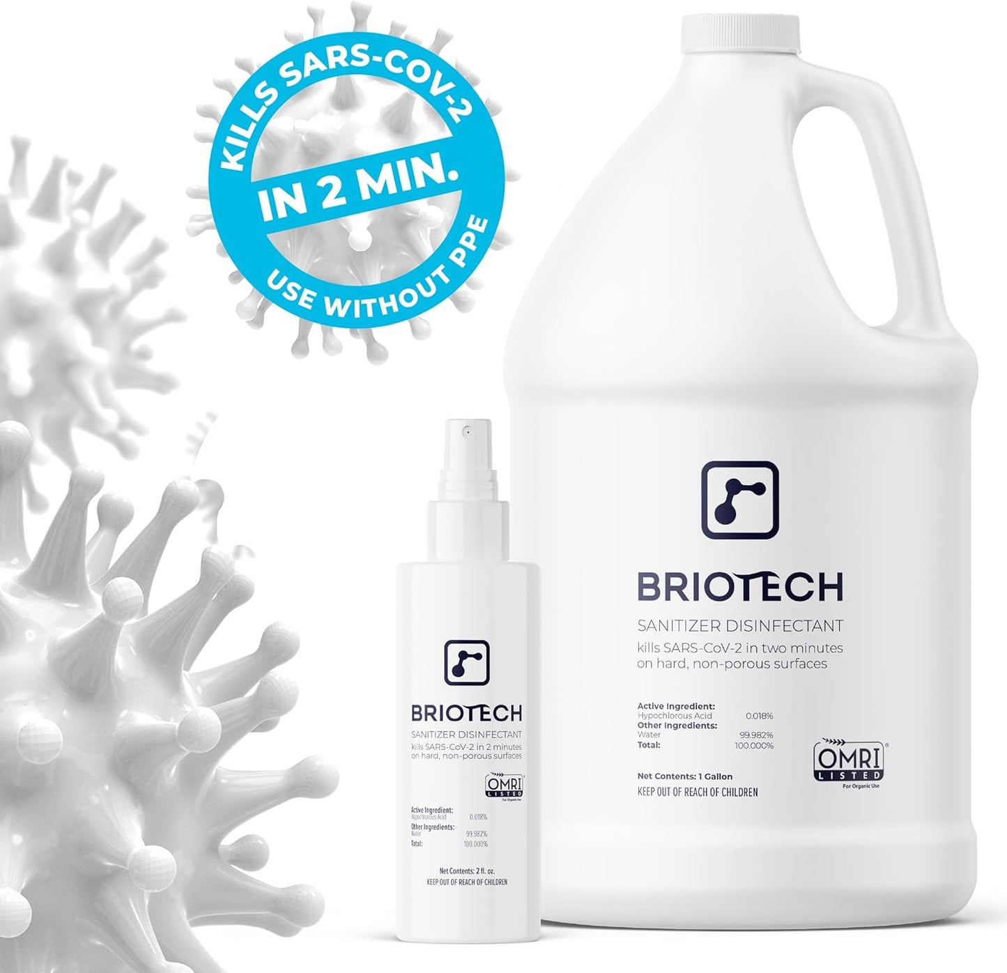 BRIOTECH Sanitizer Disinfectant Hypochlorous Spray, Kill 99.99% of Viruses & Bacteria, Control Mold, Eliminate Odor, Gentle for Nursery & Play Rooms, Food Contact Surface Sanitizer, 8 fl oz (2 Pack)