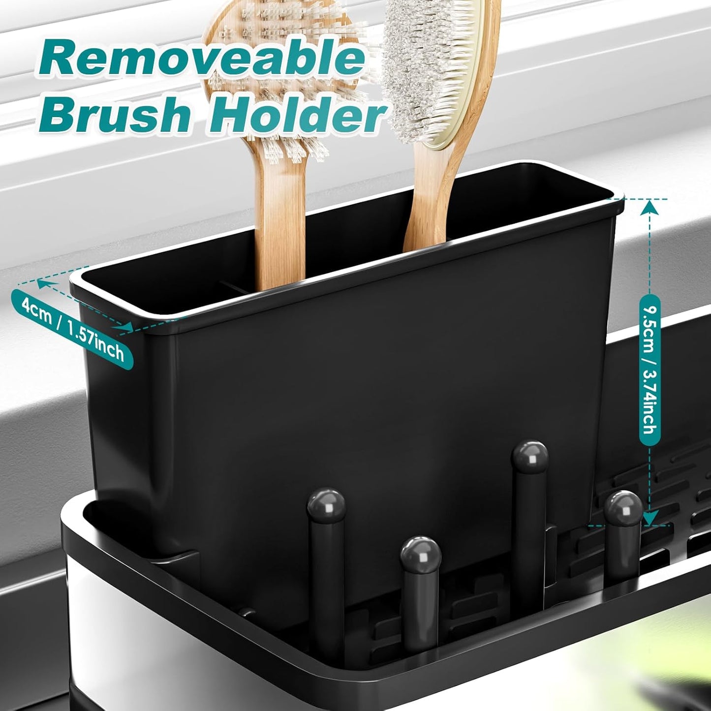 Stainless Steel Sink Caddy, Sponge Holder for Kitchen Sink with Brush Holder & Dishcloth Rack, Rustproof Sink Organizer Countertop, Soap Dispenser Kitchen Organizers Storage Essentials, Black