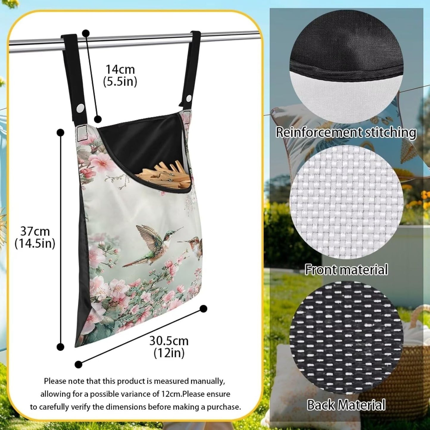 Hummingbird Clothespin Bags with Hanging Rope Space-Saving Clothespin Storage Organizer Waterproof Clothes Pin Holder for Clothesline Outdoor Rotatable Clothespin Storage Bag