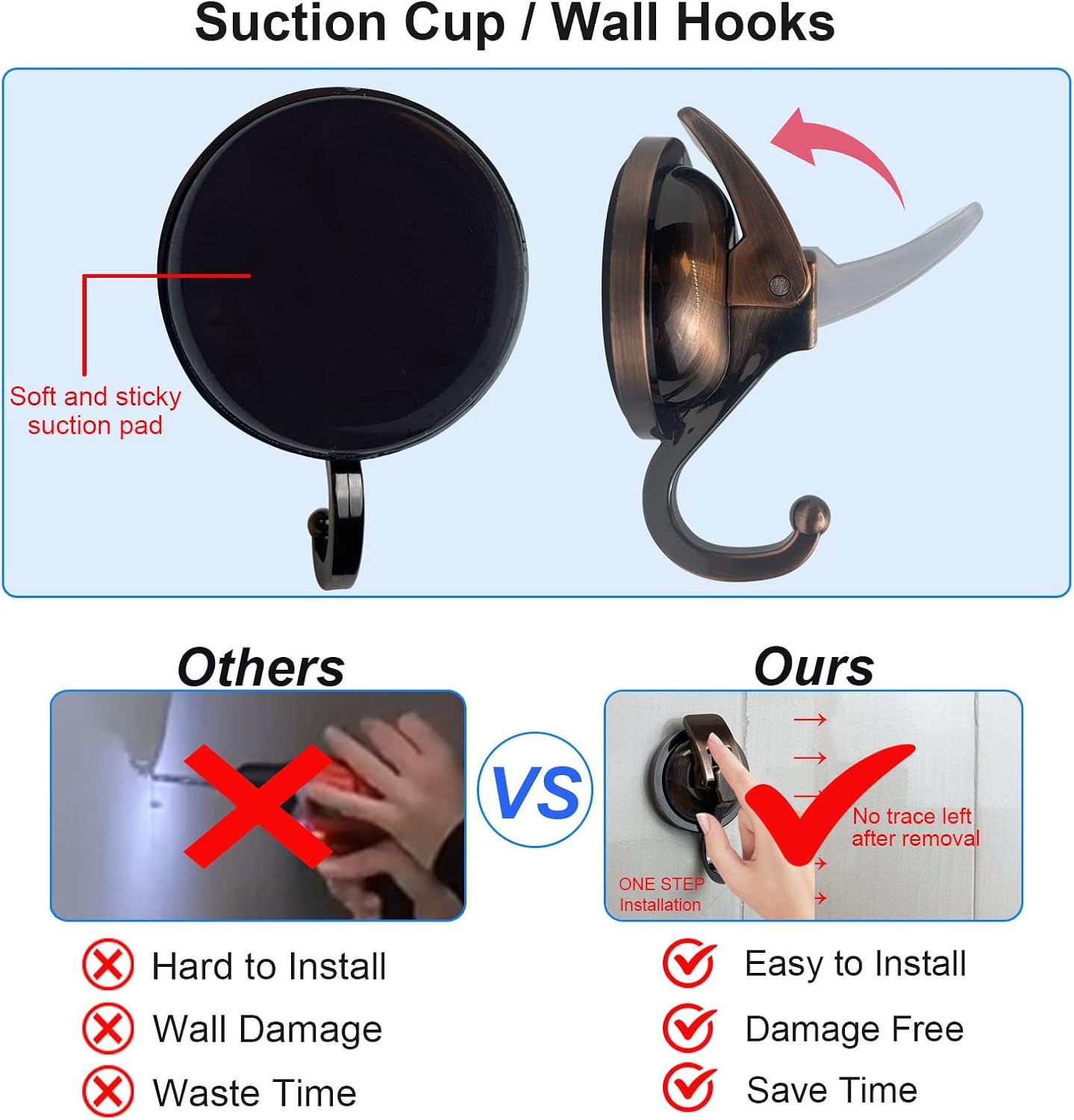 Suction Cup Hooks Heavy Duty Vacuum Suction Shower Hooks Glass Suction Cup Hooks Bathroom Robe Hooks Reusable, No Hole Punched, for Garland Decoration (Antique Brass, 4 Pack)
