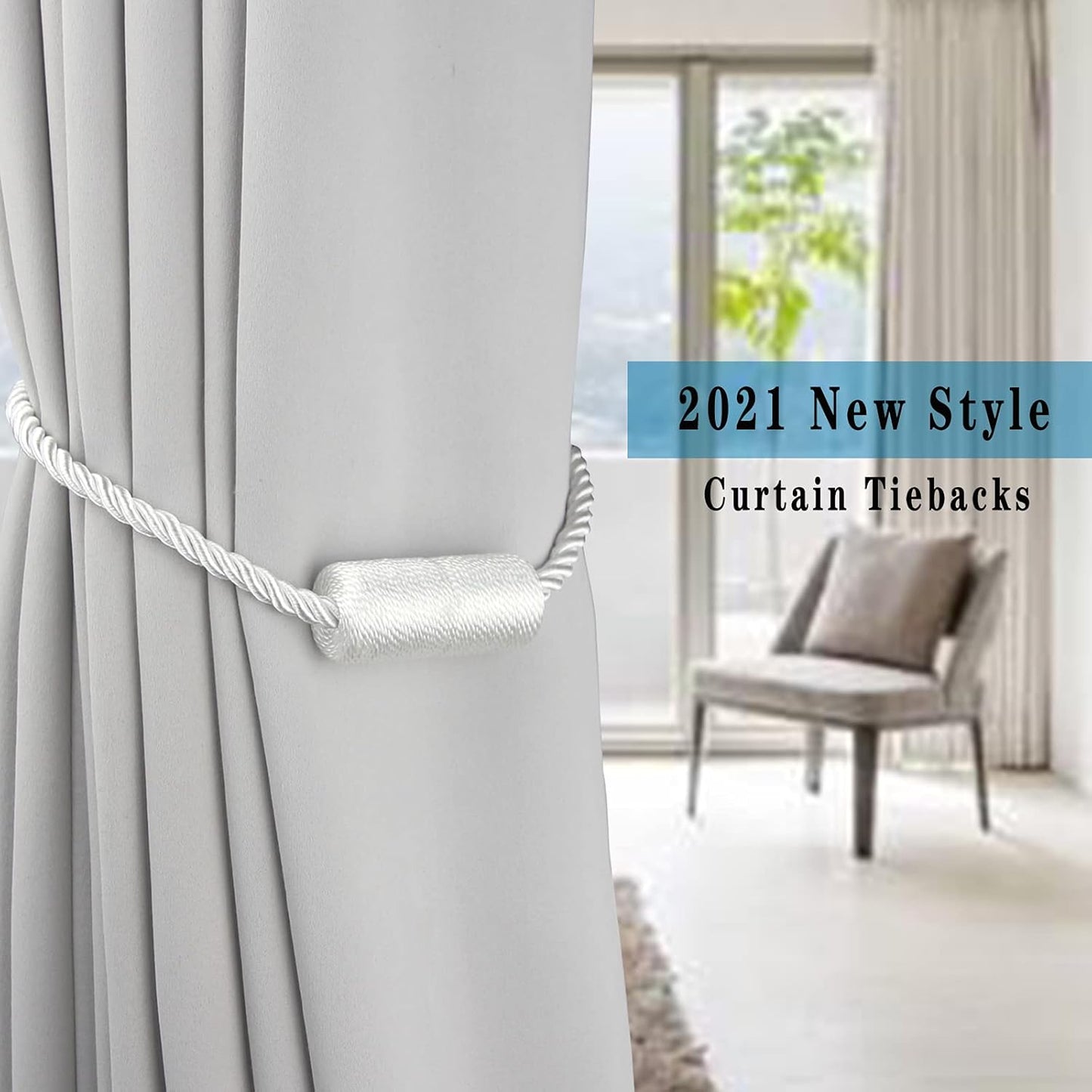 2 Pack White Strong Magnetic Curtain Tiebacks Outdoor Elegant Decorative Tie Backs Modern Rope Tiebacks for Drapes Window Curtain Holdbacks for Draperies