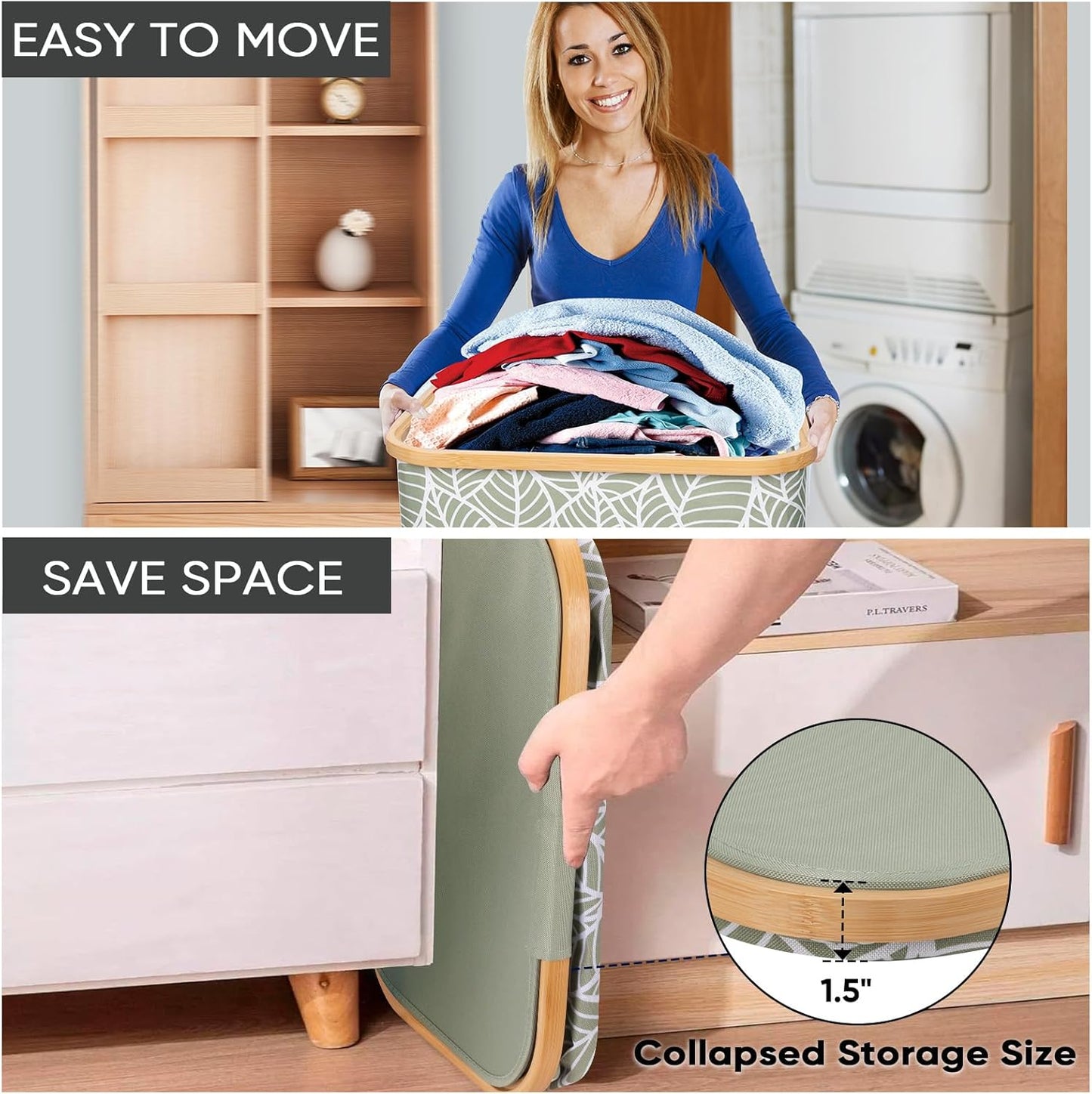 BALEINE Laundry Hamper with Lid, Tall Laundry Baskets with Bamboo Pull Handles, Large Laundry Bin with Internal Support (36 Gal/140L, Antique Foliage)