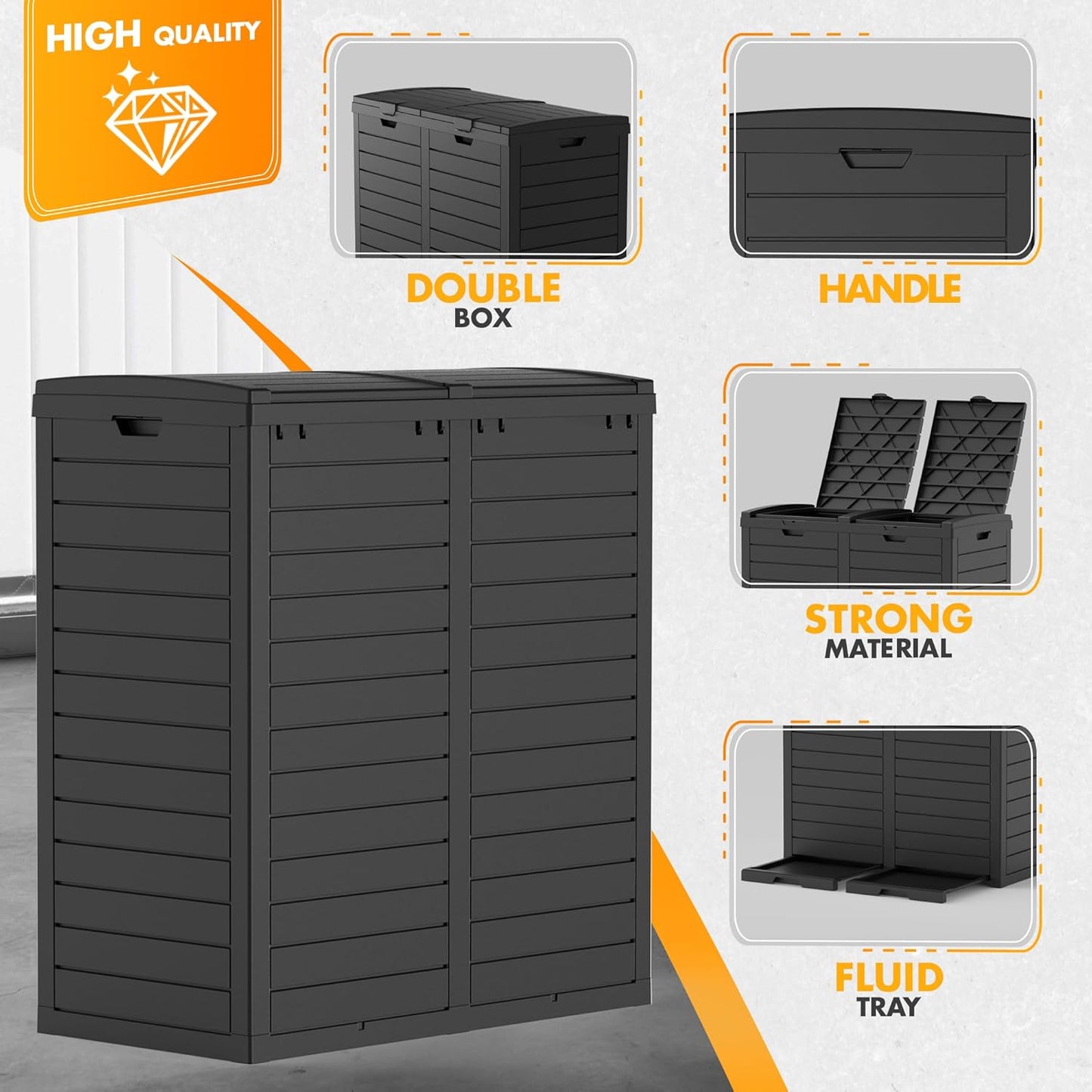 62 Gallon Outdoor Trash Can, Waterproof Resin Trash Can with Layered Lid and Drip Tray, Perfect for Patio, Backyard (Black)