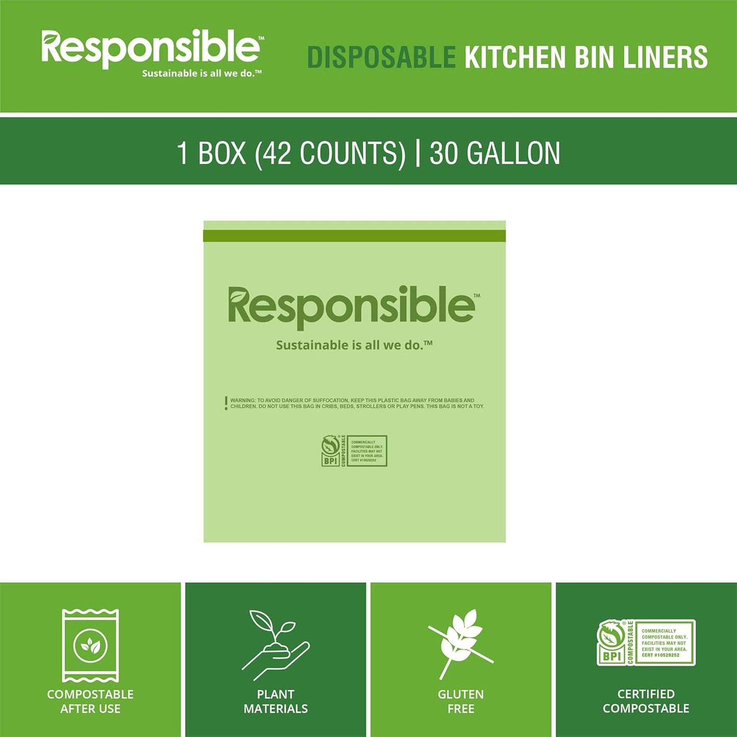 Responsible Products Kitchen Bin Liners, Certified Compostable, Heavy Duty Multipurpose Food Scrap Bags, Made from Compostable Materials (30 Gallon Drawstring, 30 Gallon (42 Count))