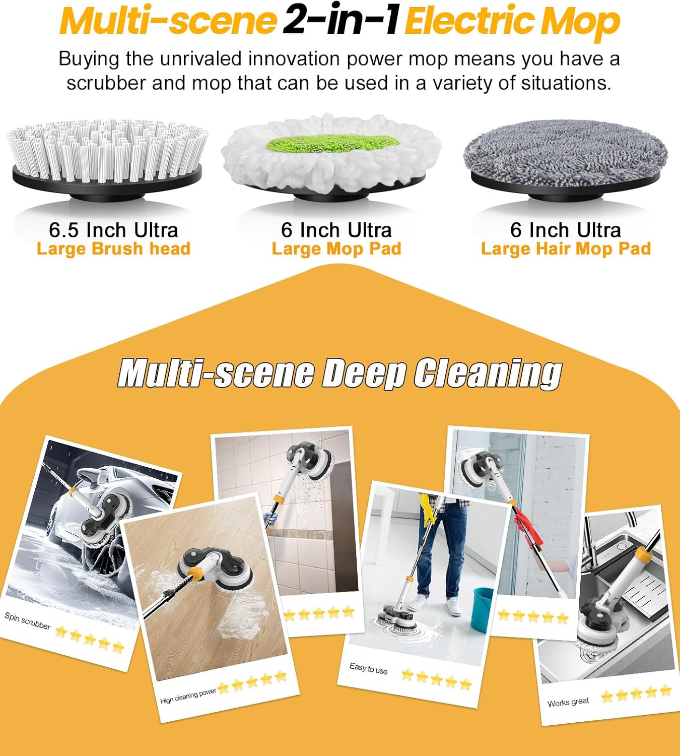 qimedo 800RPM Cordless Electric Mop, 6000mAh Battery Electric Power Scrubber & Mops for Floor Cleaning, Best Automatic Spin Mops with Smart Display,Rotating Mop with LED Light & Water Spray