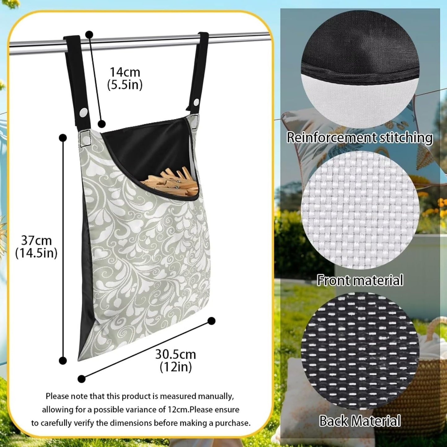 Large Clothespin Storage Bag 14.5"x12" with Oversized Opening - Heart Shape Floral Print Green Heavy Duty Polyester Hanging Organizer for Outdoor Clotheslines with Secure Snap Closure