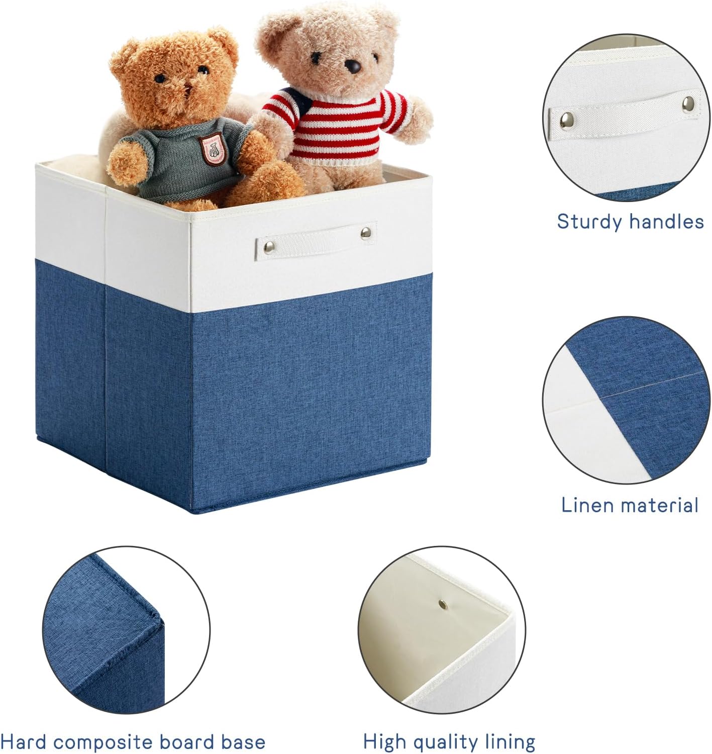 13 x 13 Inch Fine Linen Storage Bins with Handles,Fabric Cube Boxs,Collapsible Basket Organizers for Shelves for Home, Closet Drawers (White/Blue-6 Pack)