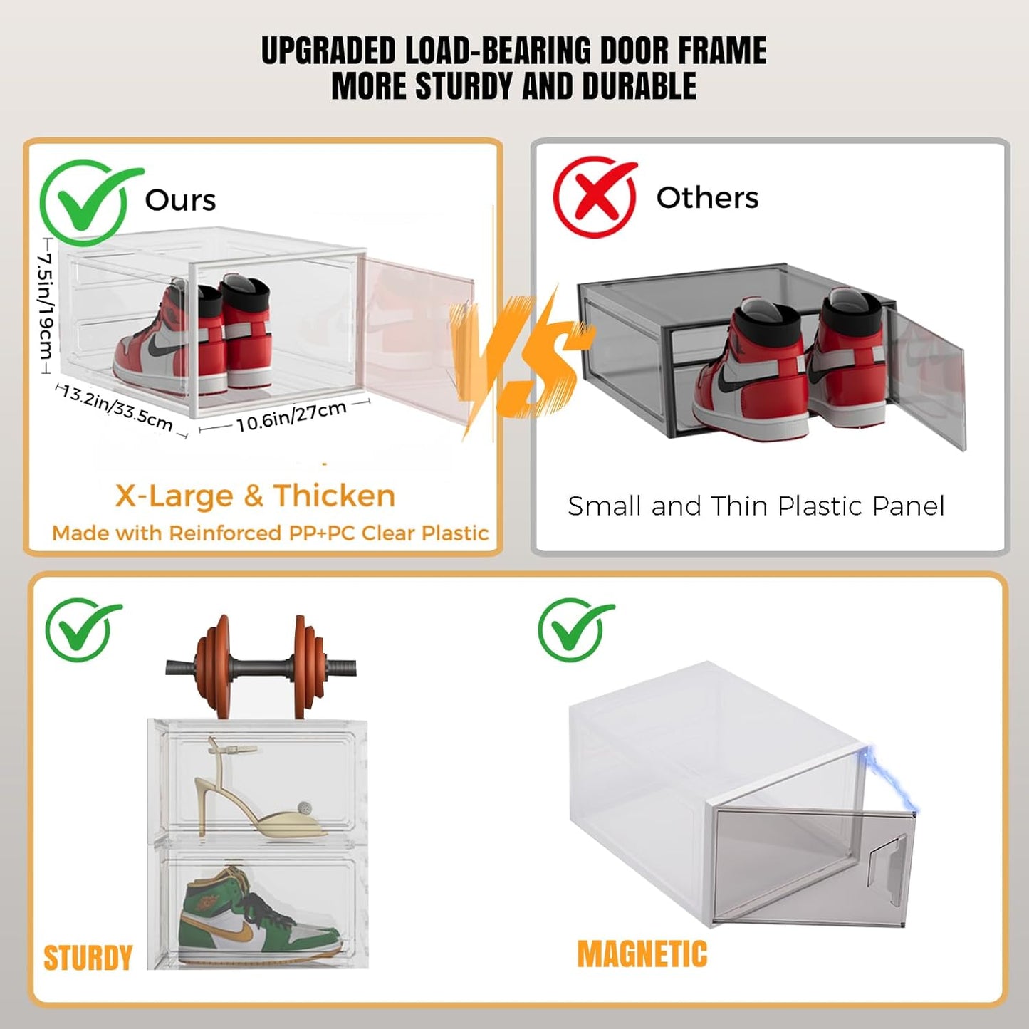 X-Large Stackable Shoe Boxes - Clear Plastic Shoe Storage Boxes with Magnetic Door, Thicken Shoe Organizer for Closet, Space Saving Foldable Shoe Containers Bins for Sneaker Boot - 6 Pack(White)