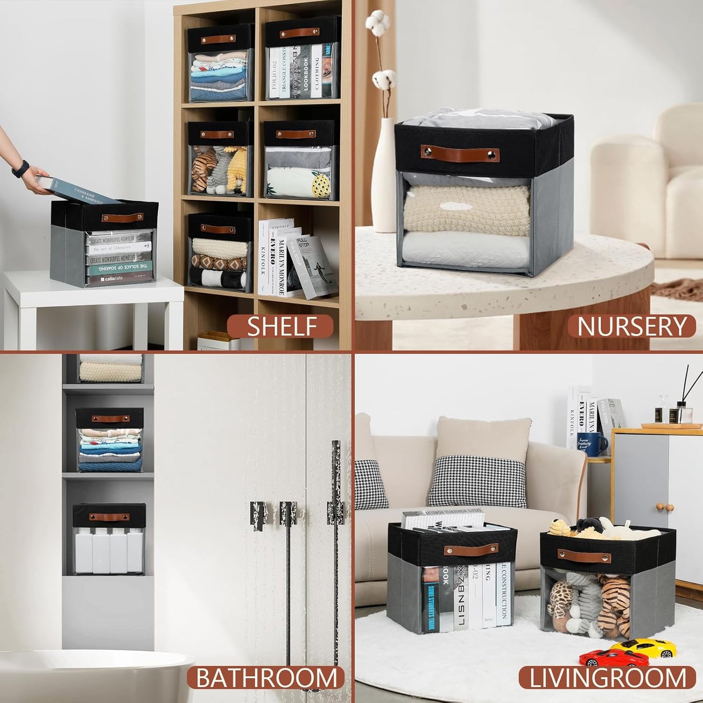 HNZIGE Cube Storage Bins 11 x 11, Fabric Cubes Storage Bins 11x11 Clear Storage Organizer,Canvas Storage Bin for Cube Storage, Cubby Collapsible Organizer Bin for Organizing Home(Gray Black 6PCS)