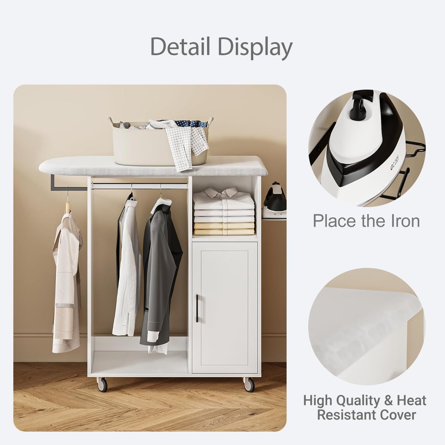 Rolling Ironing Board with Storage Cabinet, Multipurpose Wooden Ironing Cabinet with Wheels, Ironing Table with Heat-Resistant Sponge