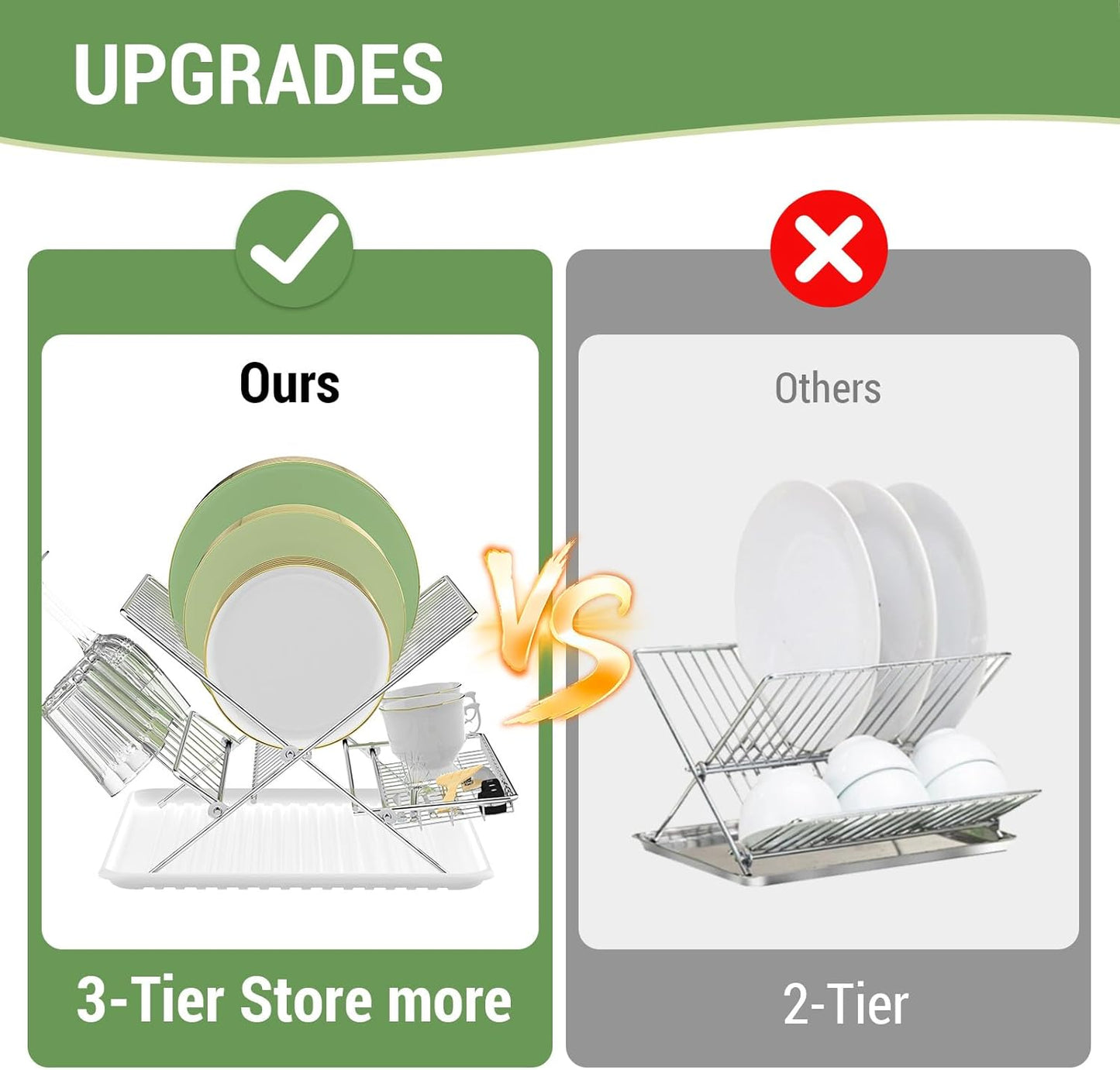 Dish Rack with Drip Tray, Stainless Steel 3-Tier Collapsible Drainer Dish Drying Rack for Kitchen Counter, Sink, Countertop,Cutlery, Dishes Utensils Flatware Holder Set, Reversible Cup Draining Rack