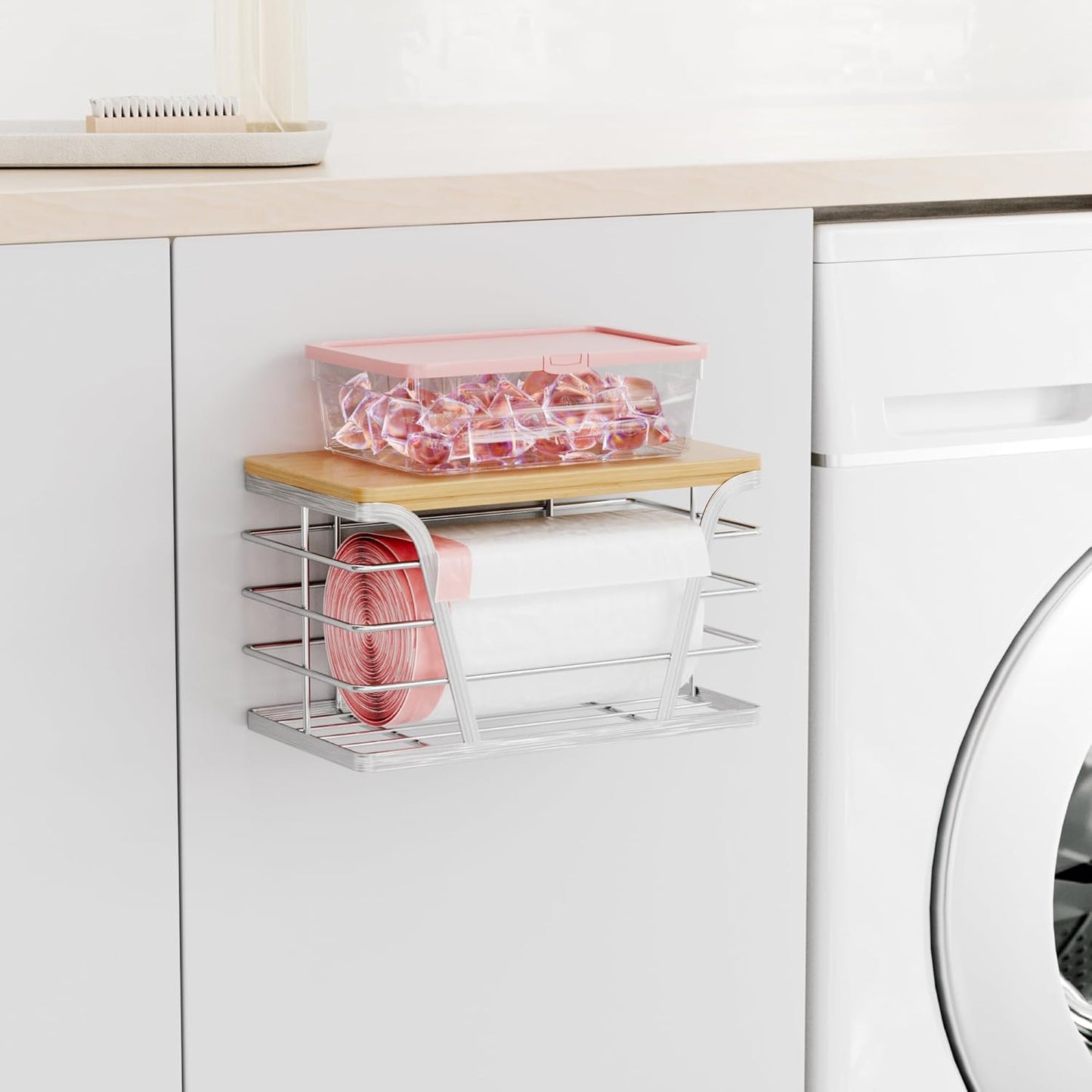 Small Bag Holder,Plastic Bag Holder with Removable Bamboo Top, No Drill, 304 Stainless Steel