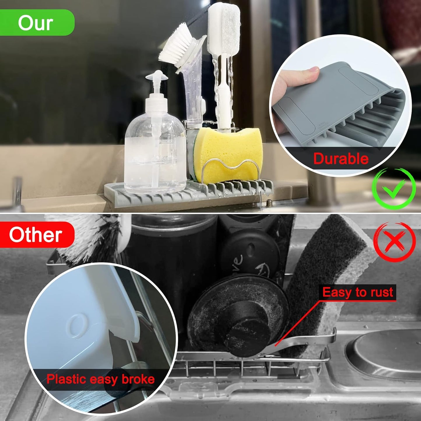 Sponge holder for kitchen sink caddy accessories gadgets, dish soap brush holder for sink organizer, soap tray holder drainer rack for bathroom -Gray