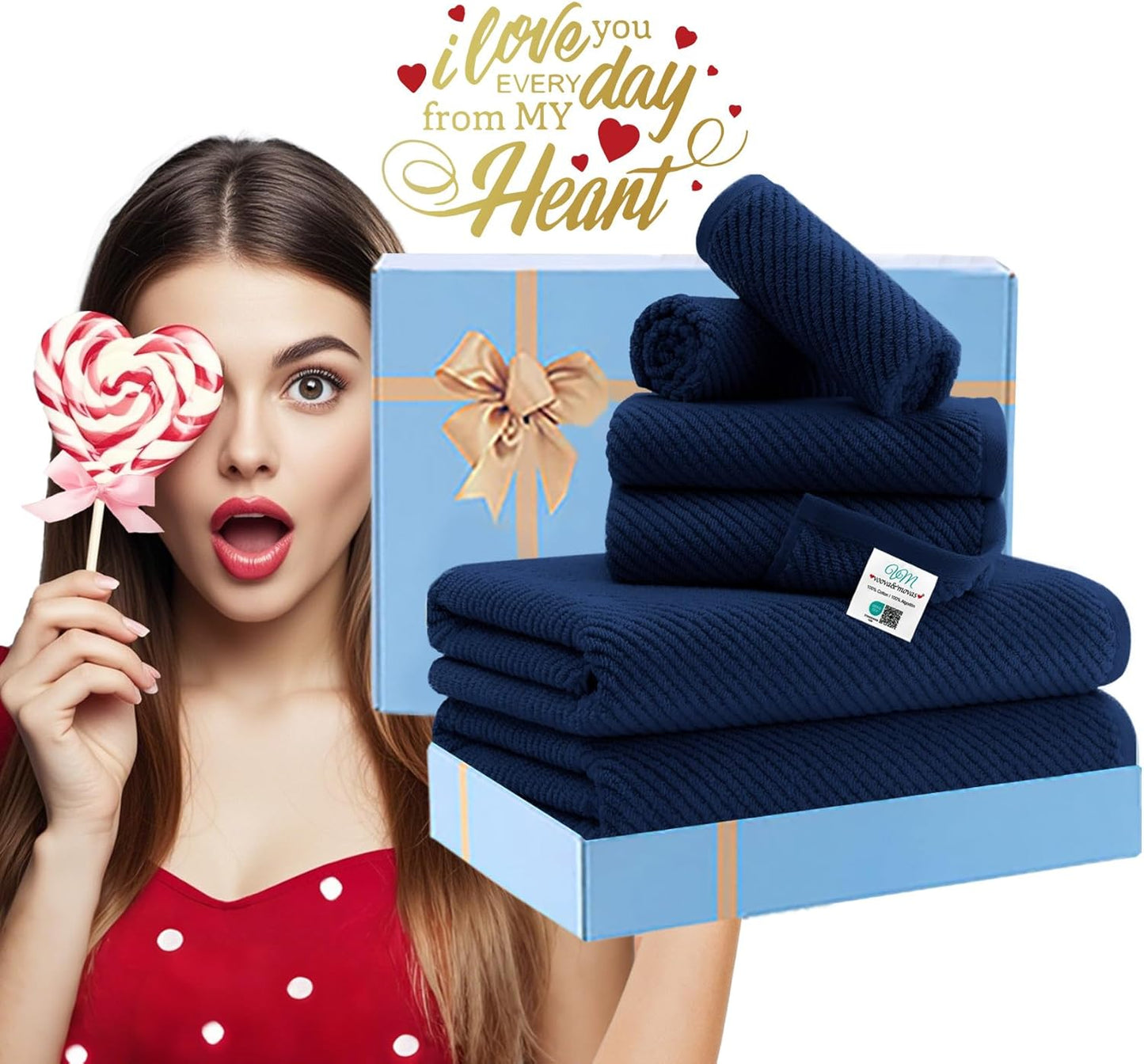 VOOVA & MOVAS Bath Towels - 100% Cotton | Quick Dry | Light Weight | Thick | Soft, Towel Set of 6, 2 Large Bath 30"x56", 2 Hand 18"x28", 2 Washcloths 13"x13", Quick Dry Towel for Shower, Navy Blue